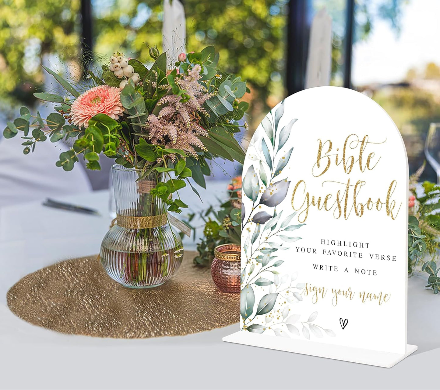 Acrylic Wedding Signs, Greenery Theme Bible Guestbook Sign, Wedding Reception Signage, Bridal Shower Table Decor with Stand, Engagement, Anniversary, Newlywed Events and Parties Supplies, 21