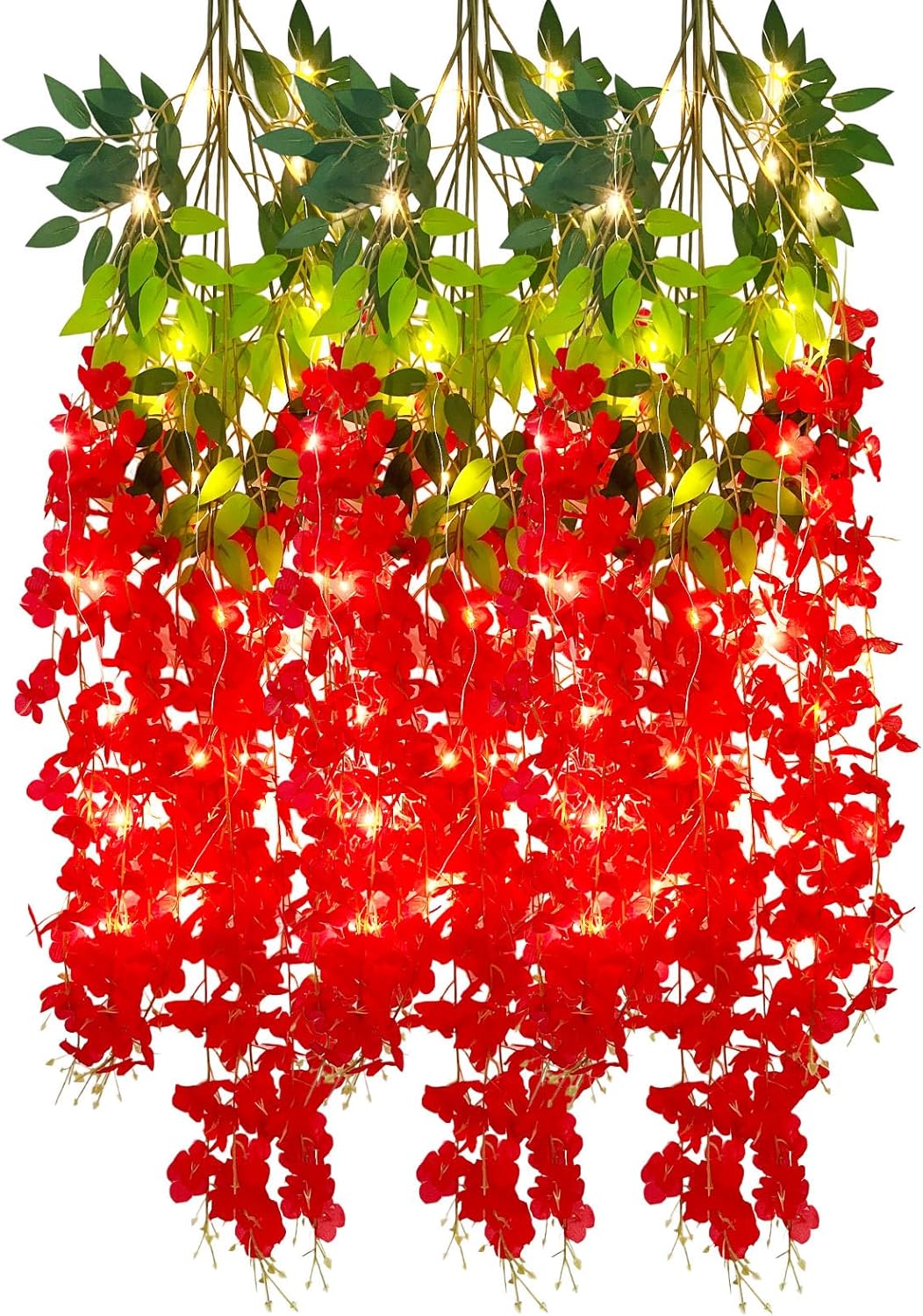 12 Pack Red Wisteria Hanging Flowers Garland with Lights, 3.44 Feet Artificial Flower Vines, Fake Wisteria, Artificial Vines Hanging Garland for Backdrop Outdoor Patio Garden Decor