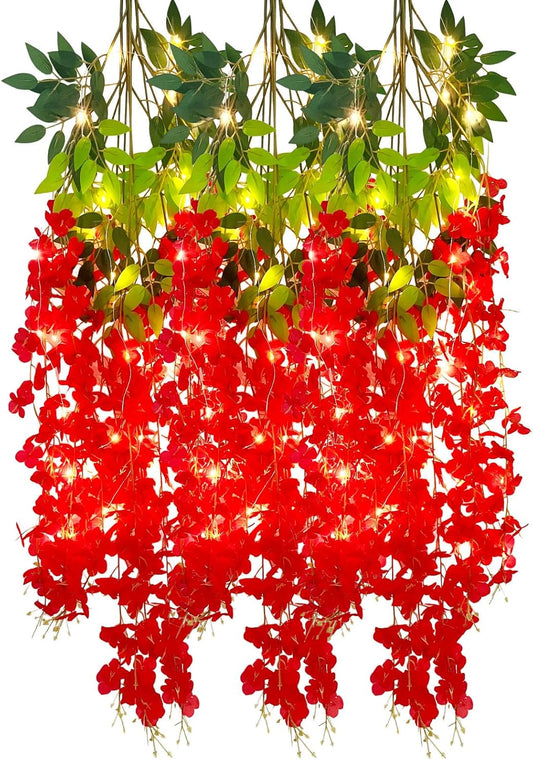 12 Pack Red Wisteria Hanging Flowers Garland with Lights, 3.44 Feet Artificial Flower Vines, Fake Wisteria, Artificial Vines Hanging Garland for Backdrop Outdoor Patio Garden Decor