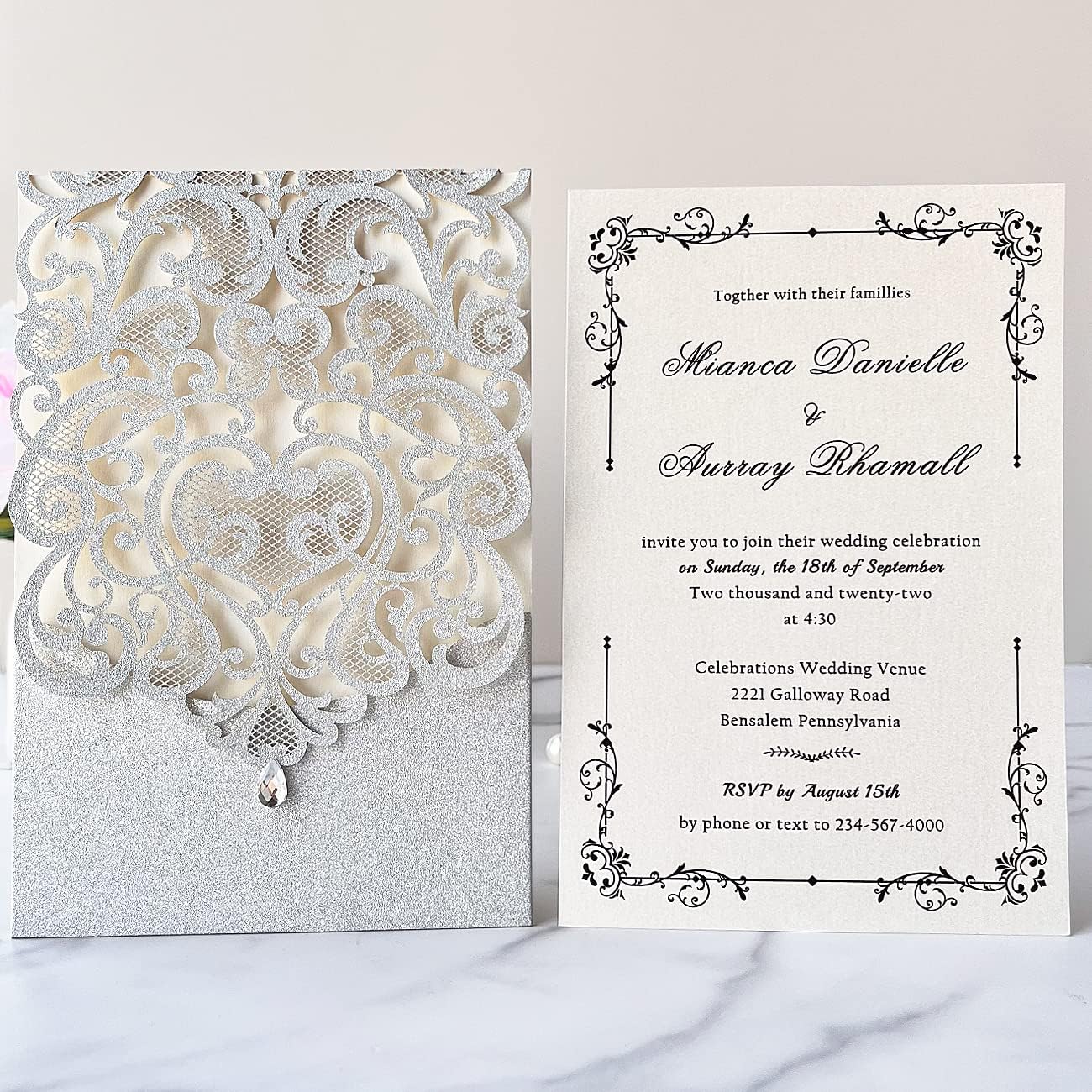 Hosmsua 5.1 x 7.3 Inch 50PCS Silver Glitter Wedding Invitation Cards with Rhinestone Laser Cut Hollow Flora Quinceanera Invitation with Envelopes for Bridal Shower Wedding Invite (Silver Glitter)