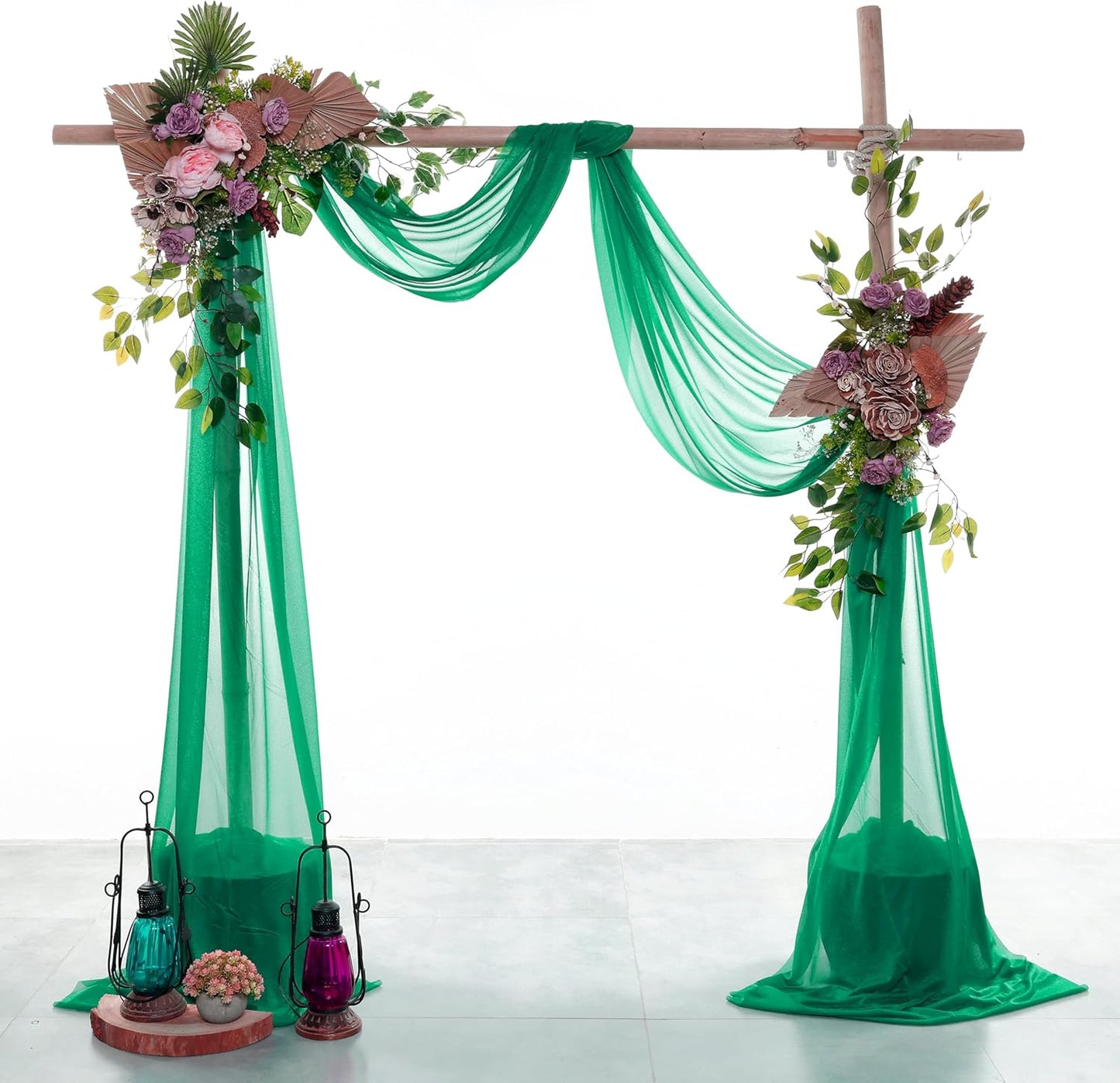 VDS Pack of 2 Panel (30 Inch X 40 Feet) Wedding Arch Draping Fabric Sheer Chiffon Fabric Drapery for Wedding Ceremony Reception Swag Backdrop Canopy Chuppah ARBO Altars Decoration (Emerald)