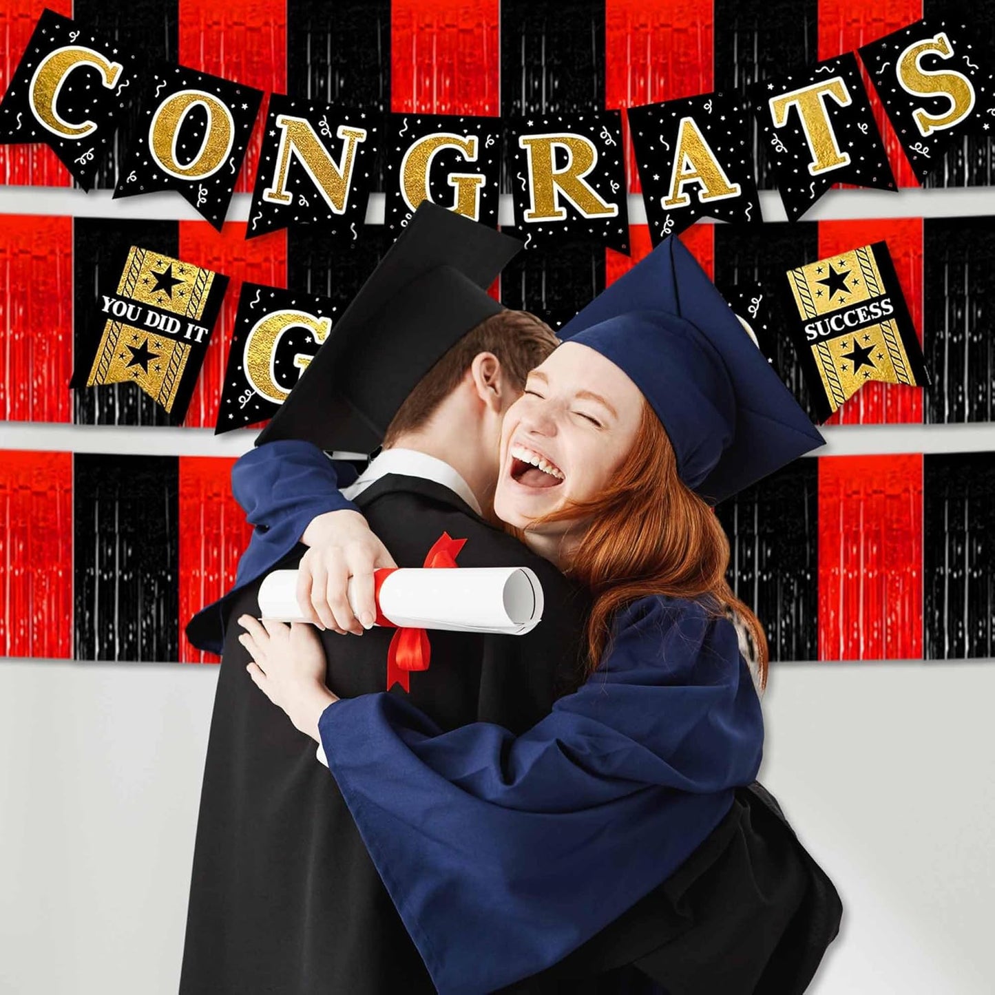 6 Pack 10 Ft Black and Red Foil Fringe Garland Metallic Streamers Tinsel Banner Wall Hanging Garland Backdrop for Parade Floats, Halloween, Christmas, Thanksgiving, New Year Party Decorations