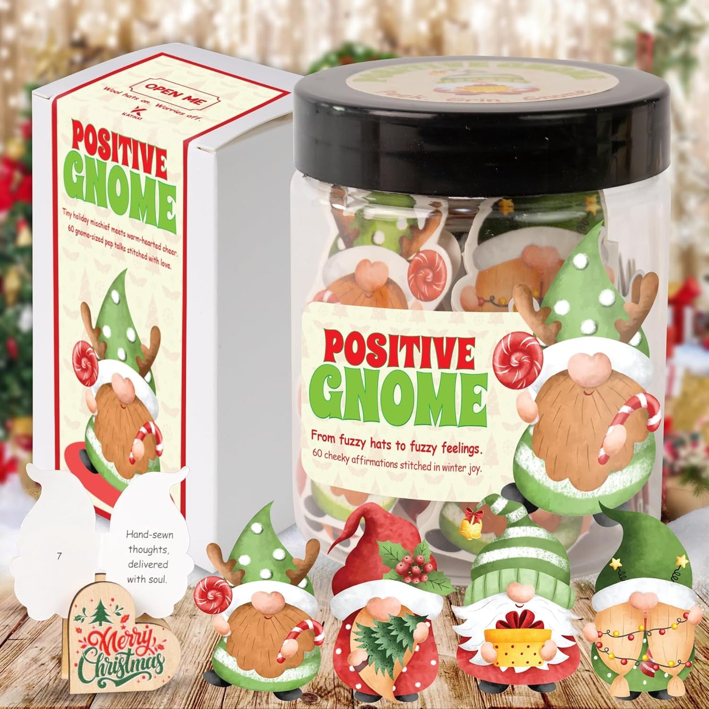 Positive Gnome Jar – 60 Funny Emotional Support Gnome, Christmas Gifts for Teens, Women, Men, Coworkers, Teachers, Sisters, Friends – Christmas Gnome Gifts for Women, Teens, Kids