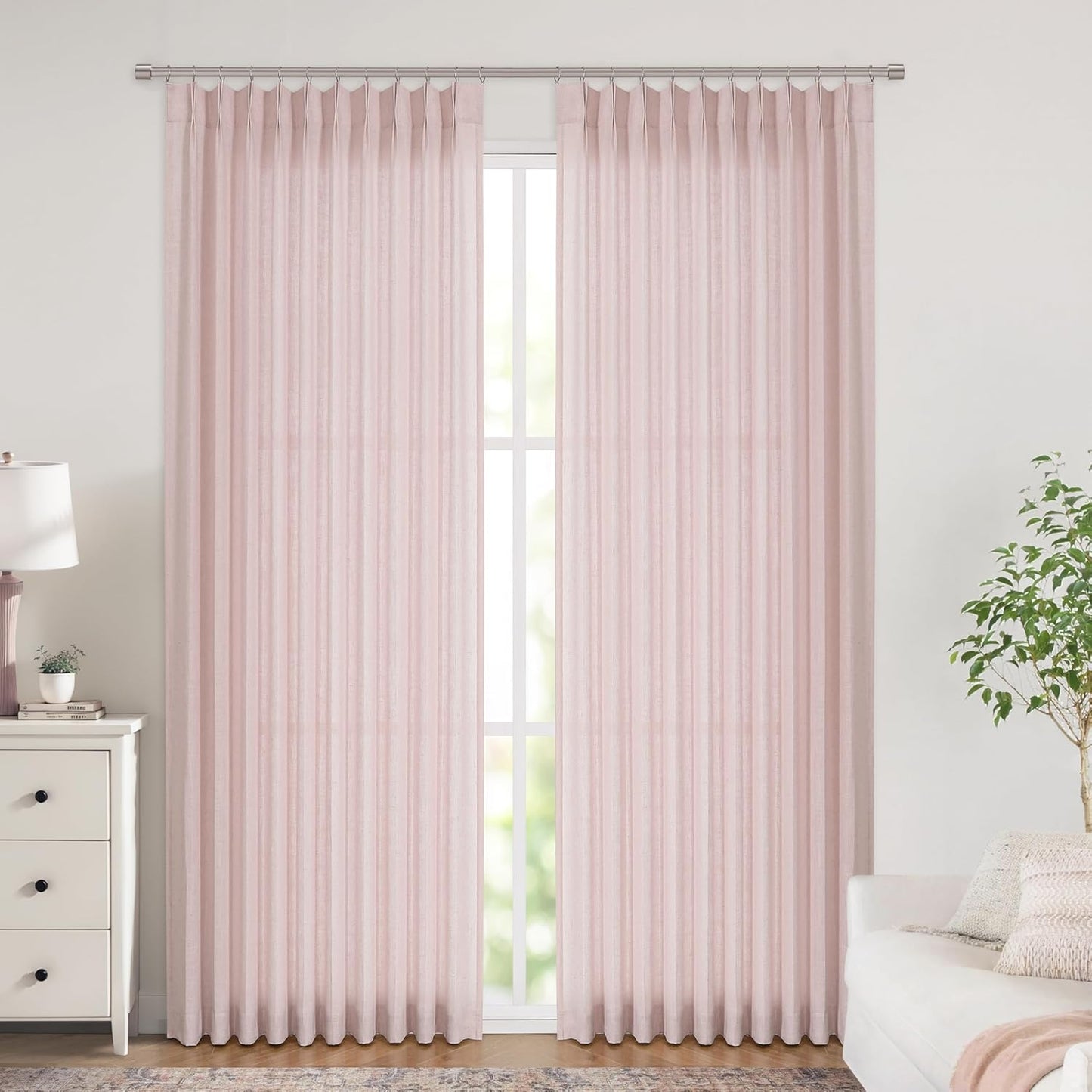 Vision Home Light Pink Pinch Pleated Semi Sheer Curtains Textured Linen Blended Light Filtering Window Curtains 112 inch for Living Room Bedroom Patio Pinch Pleat Drapes with Hooks 1 Panel 60"Wx112"L