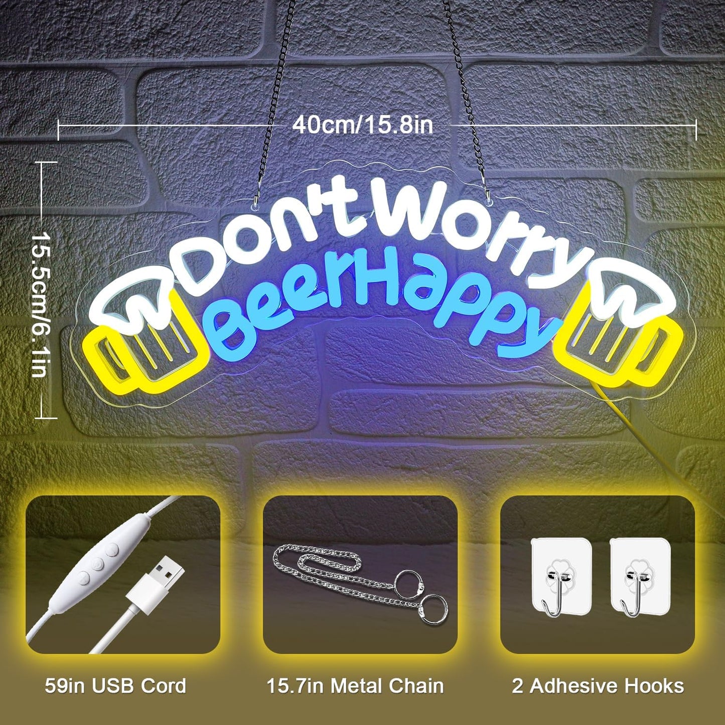 Don't Worry Beer Happy Neon Sign,Bar Sign,Beer Neon Sign,USB Powered with Dimmable Switch,Neon Signs for Wall Decor for Bar,Club,Party,Neon Signs for Man Cave