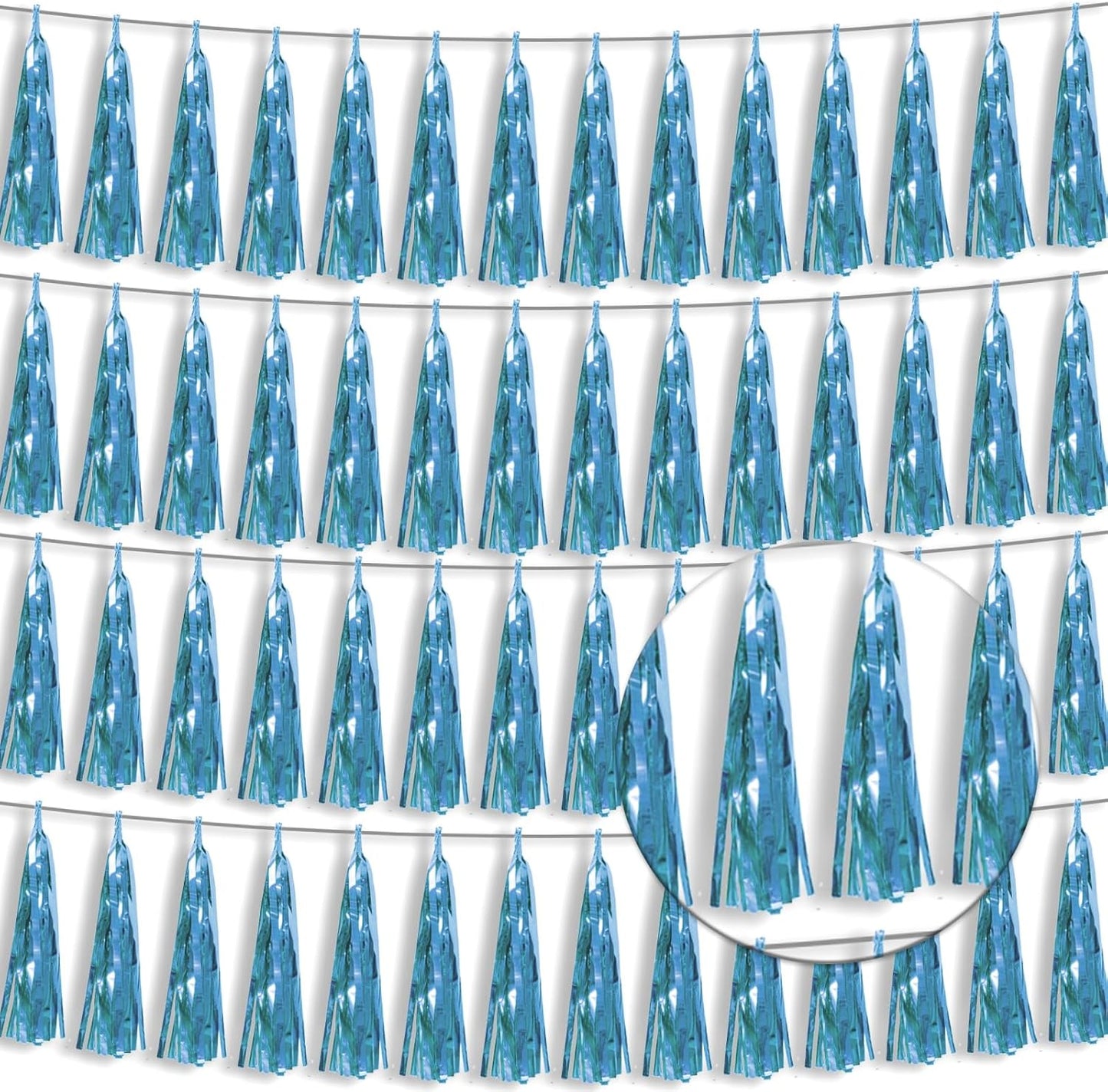 4P Light Blue Foil Fringe Tassel Banner Garland Metallic Tinsel Streamers Wall Hanging Curtain Backdrop Banner for Parade Floats, 2024 Graduation Decorations, Wedding Party Decoration
