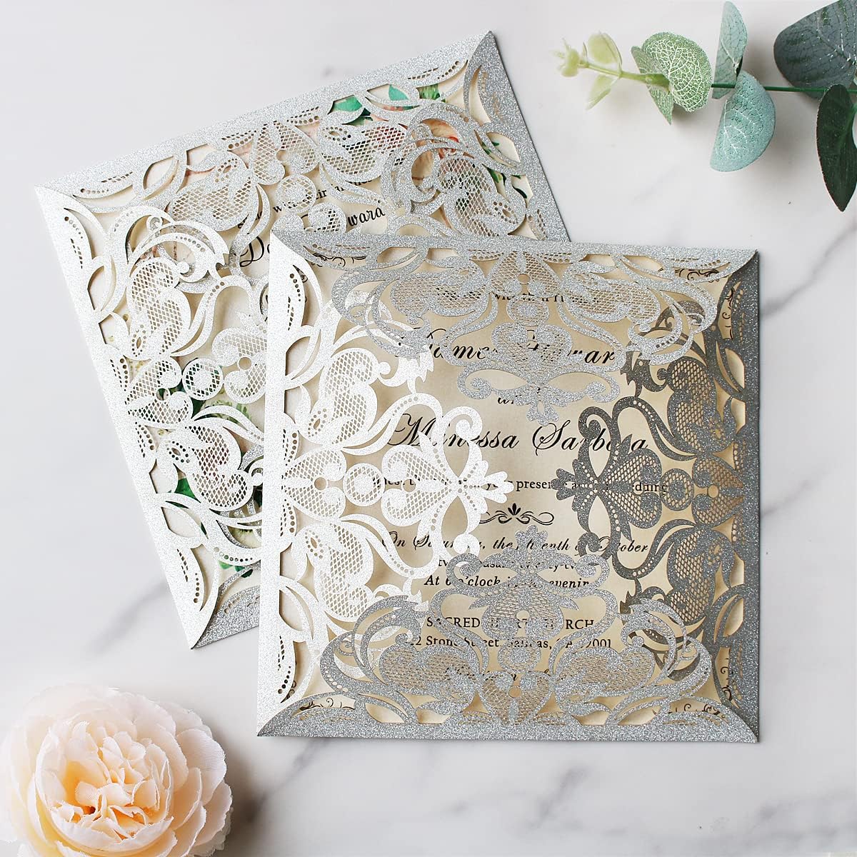 Hosmsua 6.3 x 6.3 Inch 50PCS Silver Glitter Laser Cut Hollow Lace Rose Wedding invitation Cards with Envelopes Wedding invitations for Anniversary Invite (Silver Glitter)