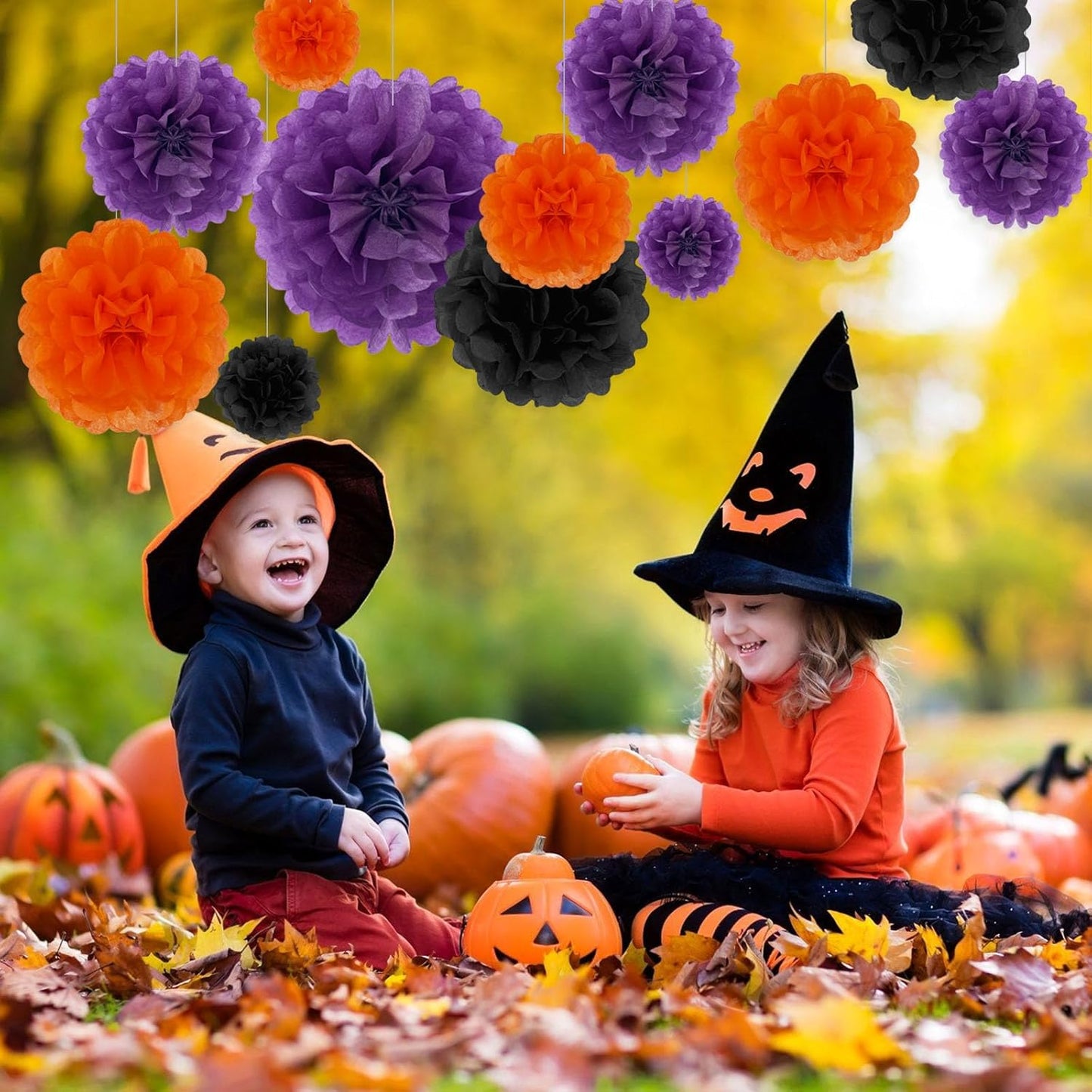 Tissue Paper Pom Poms, Black Orange Purple Tissue Paper Flowers, Hanging Flower Balls for Weddings Fiesta Parties Birthday Baby Showers Classroom Bridal Shower Decoration (18Piece Set-6/10/12/14Inch)