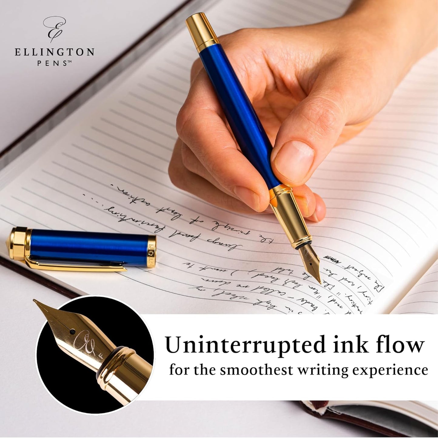 Ellington Pens Luxury Fountain Pen Set- Fountain Pens for Writing - Smooth Medium Nib - Includes Refillable Ink Converter, 3 Ink Cartridges [Black & Blue], Gift Box - Elegant Calligraphy