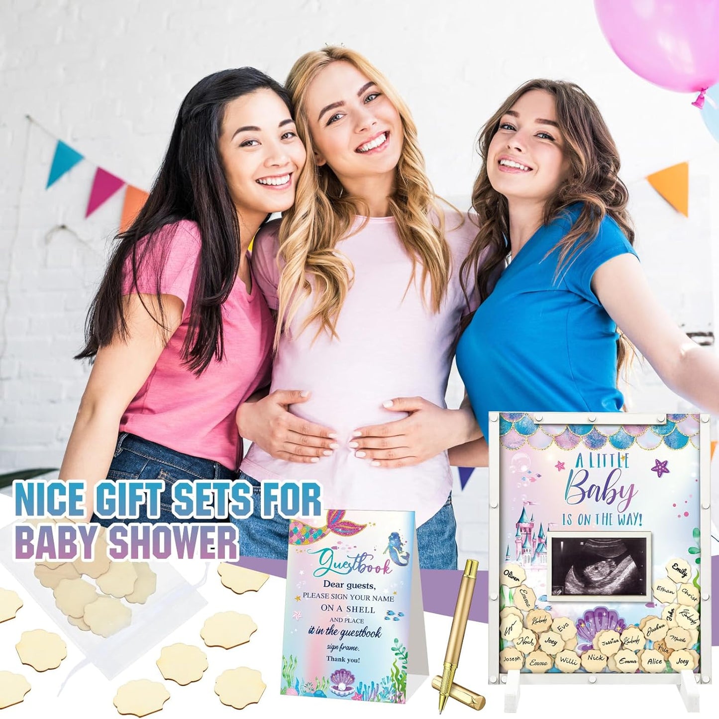 65 Pcs Mermaid Baby Shower Guest Book Alternatives He or She Gender Reveal Baby Shower Decorations Sign in Guest Book with Picture Frame and 60 Wooden Chip Under The Sea Party Favors