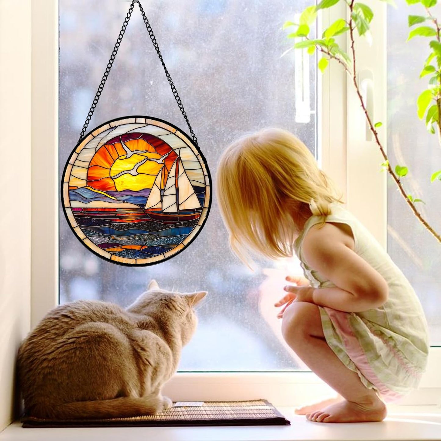 Stained Glass Window Hanging, Sun Ocean Sailboat Seagull Abstract Suncatcher Diamond Glass Panel Sun Catchers Decor for Birthday for Women, Men, Wife, Aunt, and Mom 6.3 in