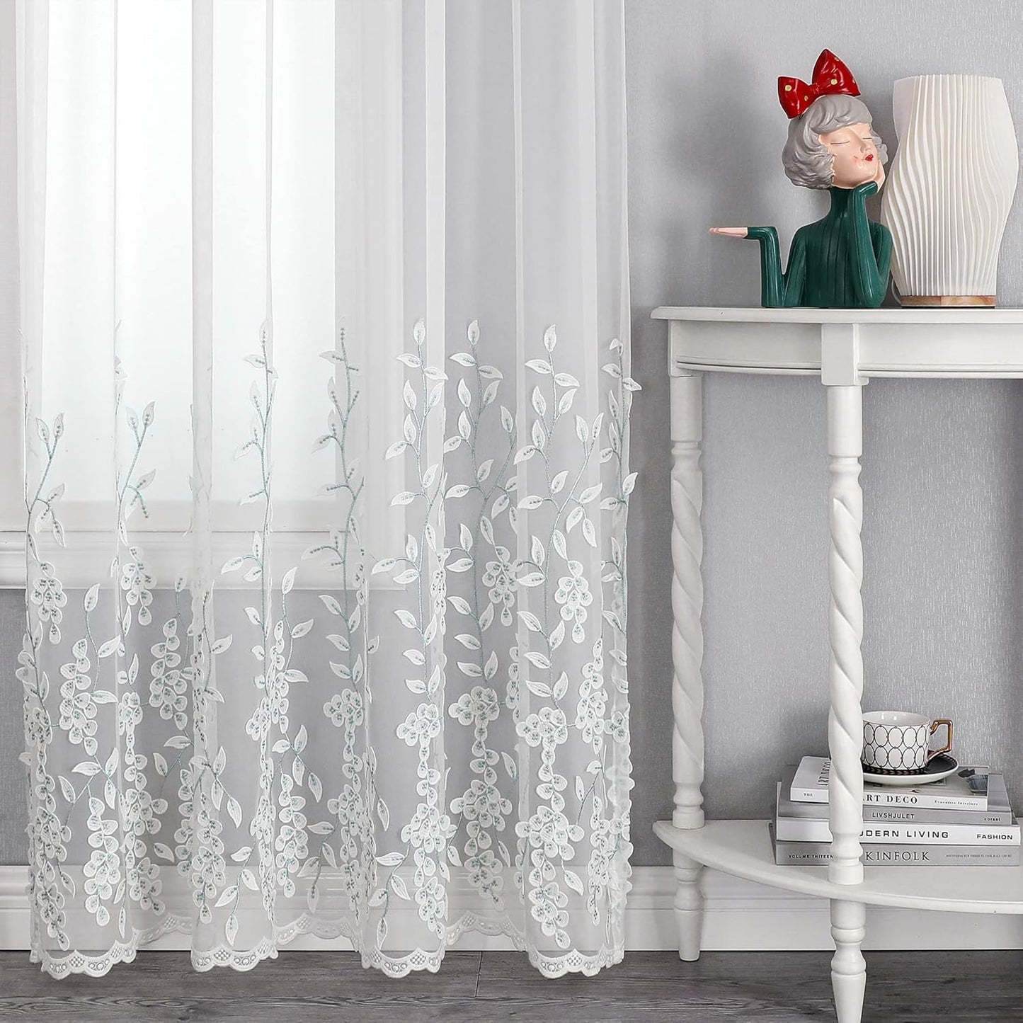 VISIONTEX White Sheer Voile Curtains, Decorative White Embossed Leaves Rod Pocket Window Drapes for Home Kitchen, Living Room and Bedroom 54 x 95 Inch, Set of 2 Curtain Panels