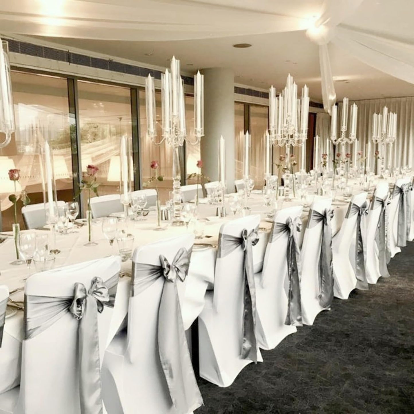 100 PCS Satin Chair Sashes Decorative Bow Chair Sashes Ties Ribbon Bows Chairs Cover Band for Wedding Birthday Party Ceremony Reception Banquet Events Hotel Home Kitchen Christmas(7x108inch,Silver)