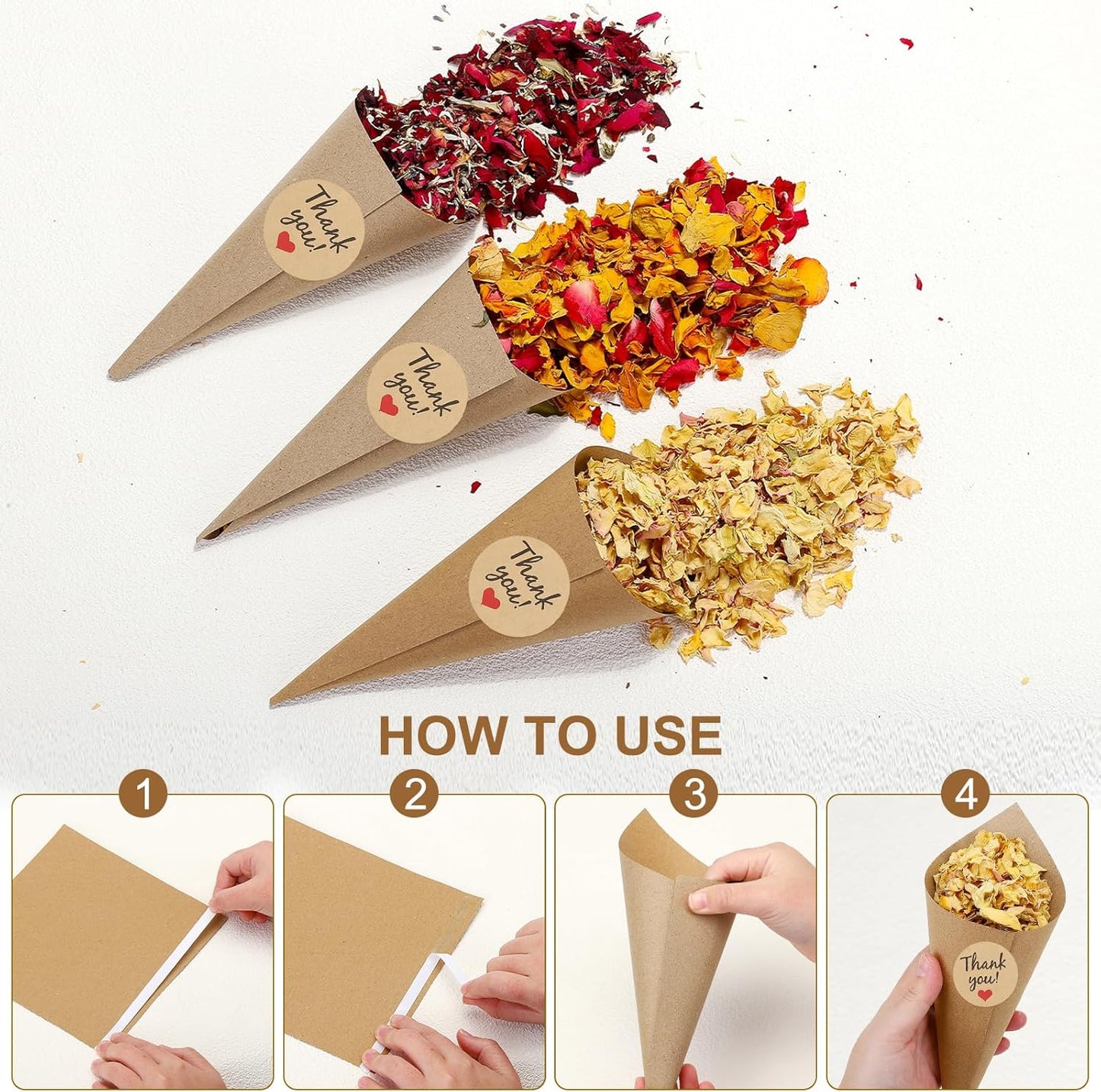 PATIKIL Dried Flower Confetti Cones, 30Pcs Paper Tapers Cone Holder with Dried Rose Petal / Sticker for Wedding Party Engagement Birthday DIY Decoration, Light Yellow/Pink