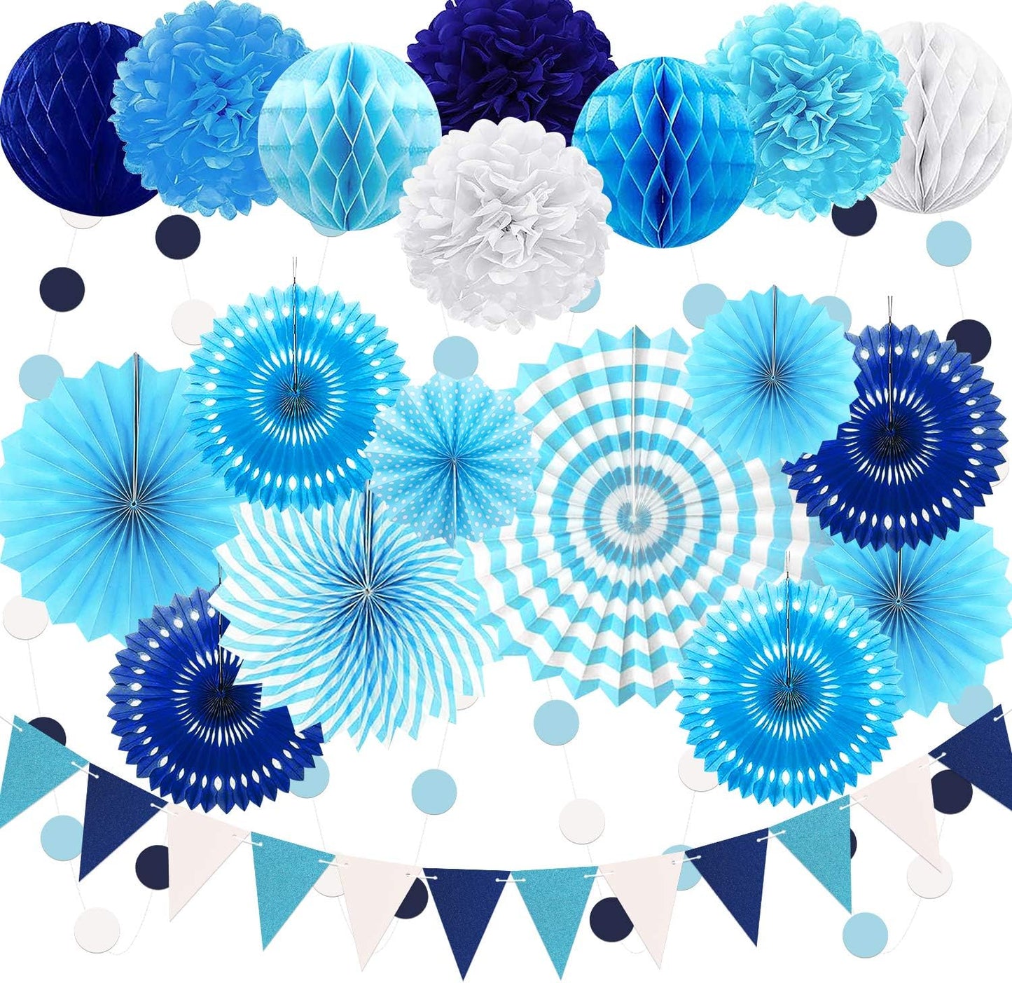 Navy-Light Blue Party Decorations, 23Pcs Hanging Paper Fans Party Decorations with Honeycomb Ball, Pom Poms Flowers for Boy Men Birthday Decoration, Bridal Shower,Baby Boy Showers,Wedding