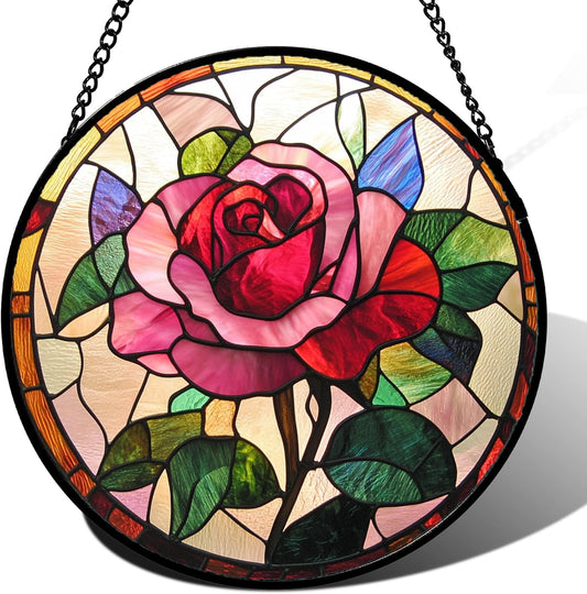 Stained Glass Window Hanging - Pink Rose Suncatcher for Door Garden Home Decor Birth Flower Sun Catcher Christmas Birthday for Friend Lovers Women Mom Nana 9.8 in