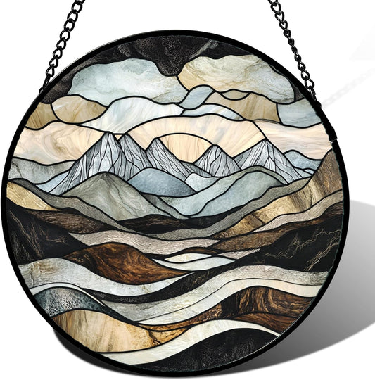 Stained Glass Window Hanging - Grey Mountains Landscape Suncatcher for Doors Garden Patio Retro Sun Catchers Decor Christmas Mother's Day Birthday Gifts for Women Men Mom Nana Friend 15 in