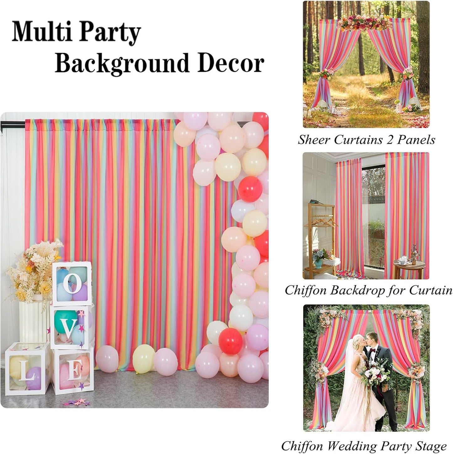 DUOBAO Rainbow Sheer Chiffon Curtains - Premium Fabric Drapes for Wedding Backdrop, Party Decor, Living Room -10x10ft 2 Panels(58" x120)