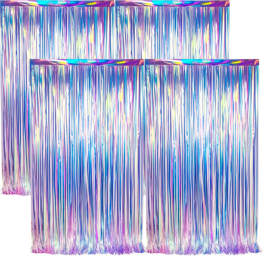 BTSD-home 4 Pack Iridescent Party Streamers Tinsel Foil Fringe Curtain Holographic Backdrop Metallic Shiny Photo Booth for Wedding Birthday Baby Shower Bachelorette Theme Party Decorations