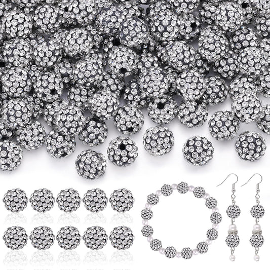 105pcs 10mm Rhinestone Beads for Jewelry Making, Black White Shiny Round Disco Ball Beads Bulk, Sparkle Crystal Clay Christmas for Bracelet Baseball Necklace Earring Crafting and DIY