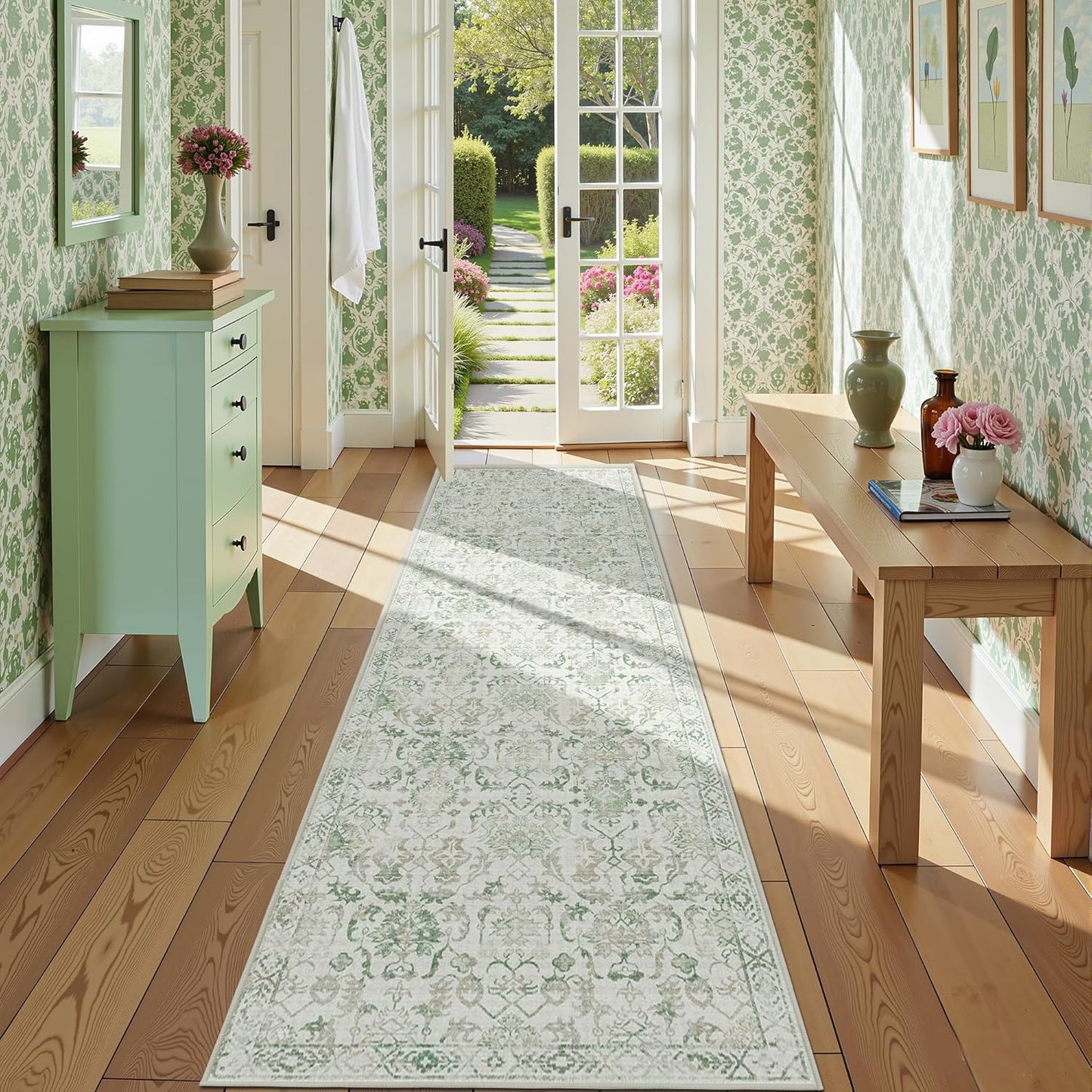 Green 3x10 Runner Rug for Hallways Bed Side Kitchen, Boho Washable Distressed Low-Pile Floor Entryway Long Bathroom Mat, Non-Slip Laundry Room Washstand Front Carpet Green 36x84 Inch