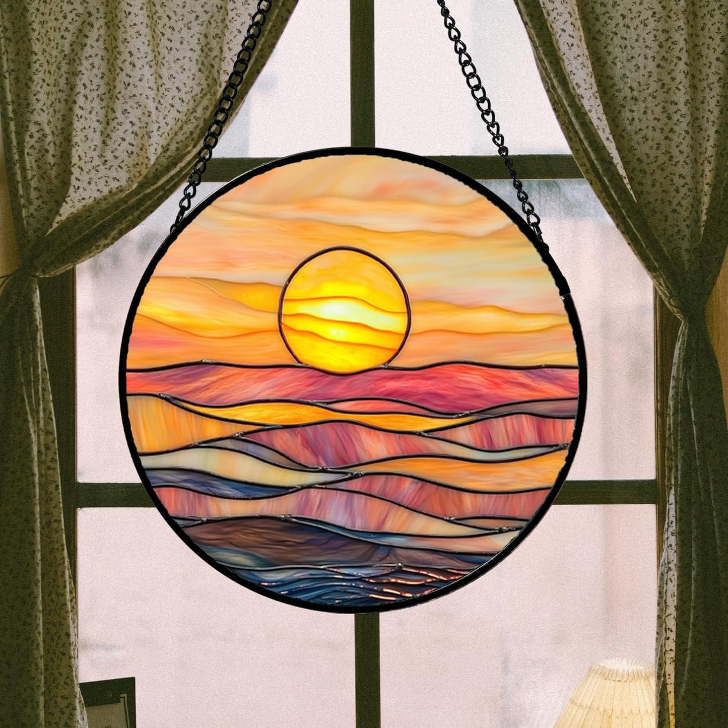 Stained Glass Window Hanging, Orange Sunrise Suncatcher Diamond Glass Panel Hangings Scenery Sun Catchers Decor for Birthday for Women, Men, Wife, Aunt, and Mom 14.9 in