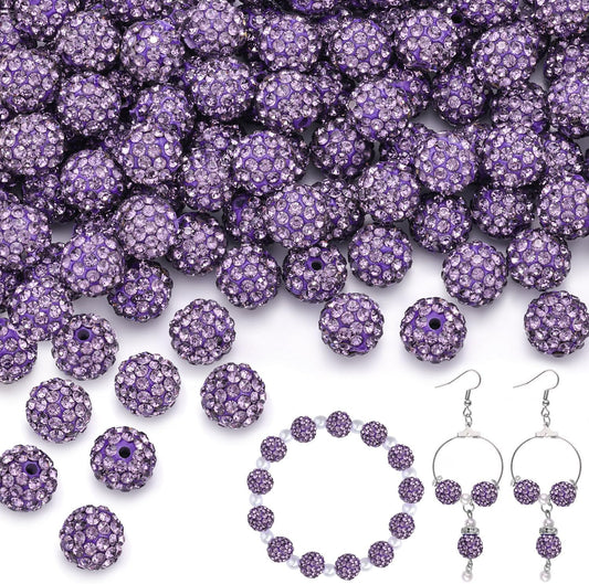 150 pcs 10mm Rhinestone Beads for Jewelry Making, Purple Shiny Round Shamballa Disco Beads Bulk, Sparkle Crystal Clay Christmas for Bracelet Baseball Necklace Earring Crafting and DIY