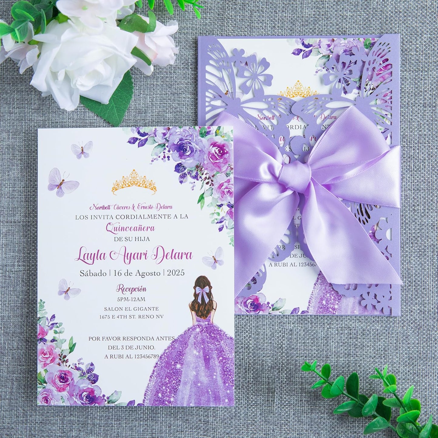20 PCS 5.12x7.2 Butterfly Quinceanera Invitation Cards, Laser Cut Wedding 5x7 Invitation Cards with Envelopes for XV Anos Bridal Shower Baby Shower Invite (Violet)
