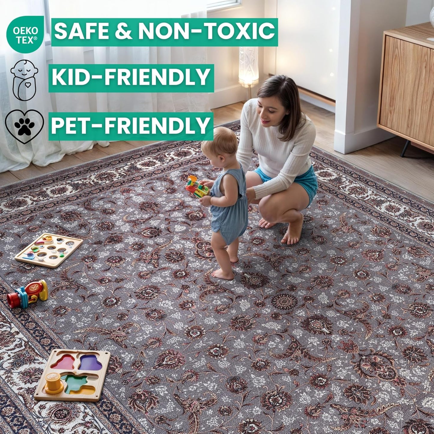 Bloom Rugs Washable Non-Slip 3' x 5' Rug - Slate Gray Traditional Oriental Area Rug for Living Room, Bedroom, Dining Room, and Kitchen - Exact Size: 3' x 5'