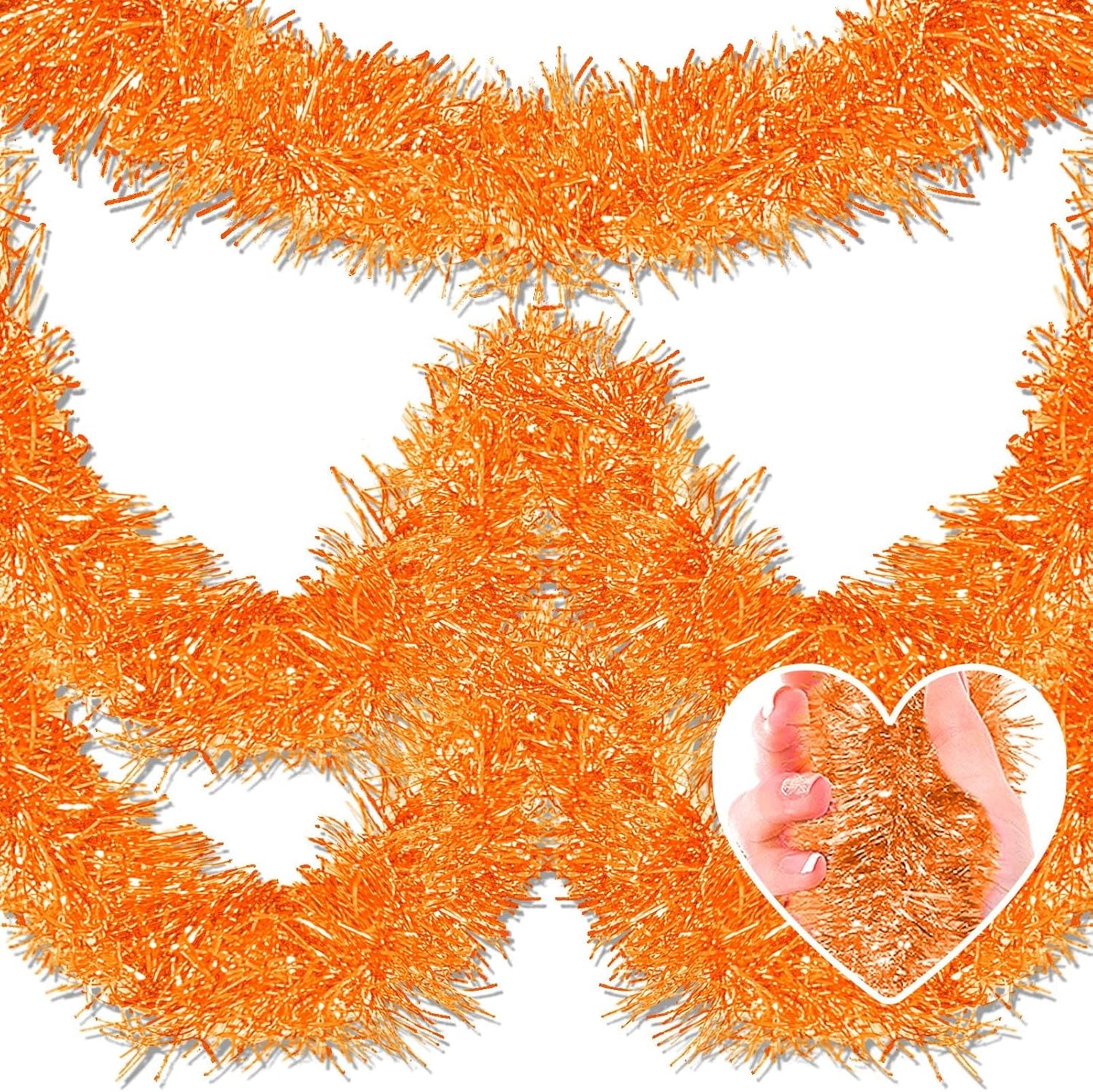 Macaron Metallic Twist Tinsel Garland - 25ft Wall Hanging Backdrop for Christmas, New Year & Valentine's Day Parties (Orange, 4in x 25ft)