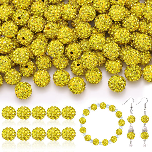 105pcs 10mm Rhinestone Beads for Jewelry Making, Yellow Shiny Round Disco Ball Beads Bulk, Sparkle Crystal Clay Christmas for Bracelet Baseball Necklace Earring Crafting and DIY