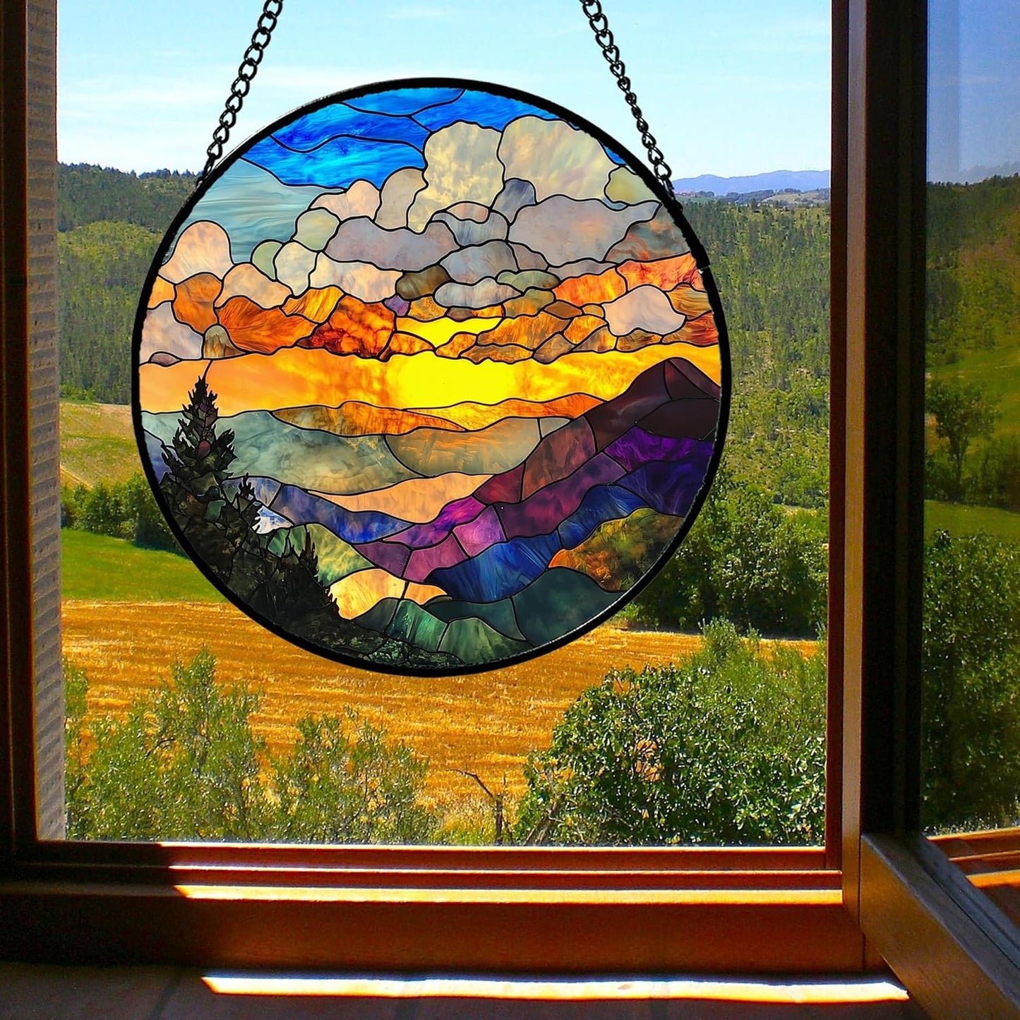 Stained Glass Window Hanging, Abstract Clouds Mountains Landscape Suncatcher for Doors Window Home Sun Catchers Decor Mother's Day Birthday Gifts for Women, Men Mom 6.3 in