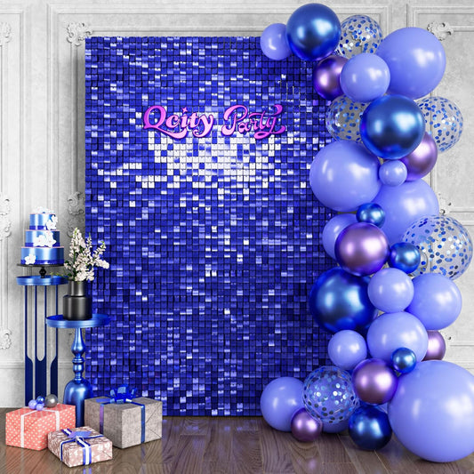 Qcity Blue Shimmer Wall Backdrop 24PCS, Black Back Not See-Through Design, Square Sequin Glitter Backdrop Panel, Perfect for Outdoor Events, Birthdays, Wedding and Party Decoration