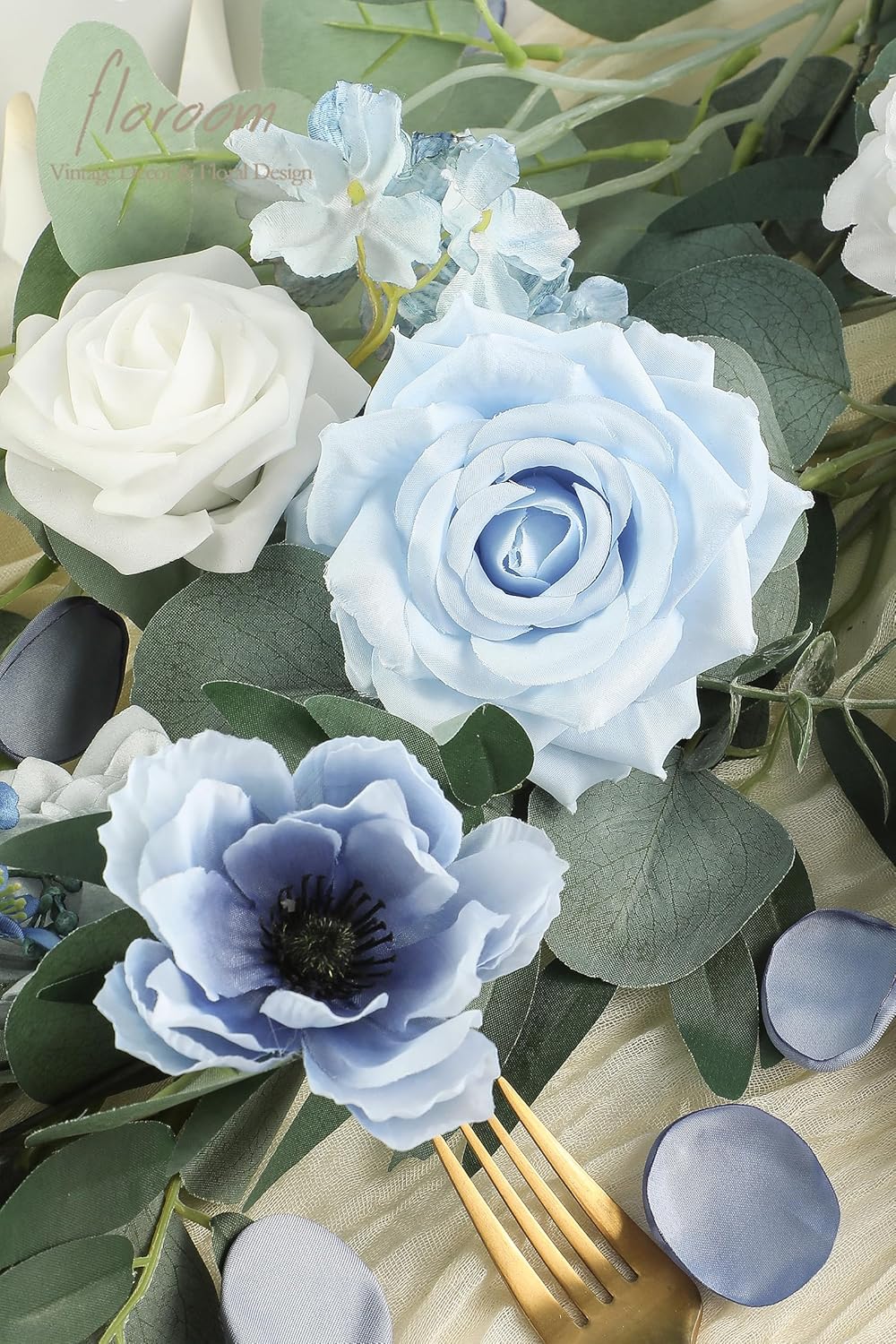 Floroom Dusty Blue Artificial Flowers Powder Blue Fake Roses Peony and Greenery Combo Box Set for DIY Wedding Bouquets Bridal Shower Centerpieces Floral Arrangements Party Tables Home Decorations