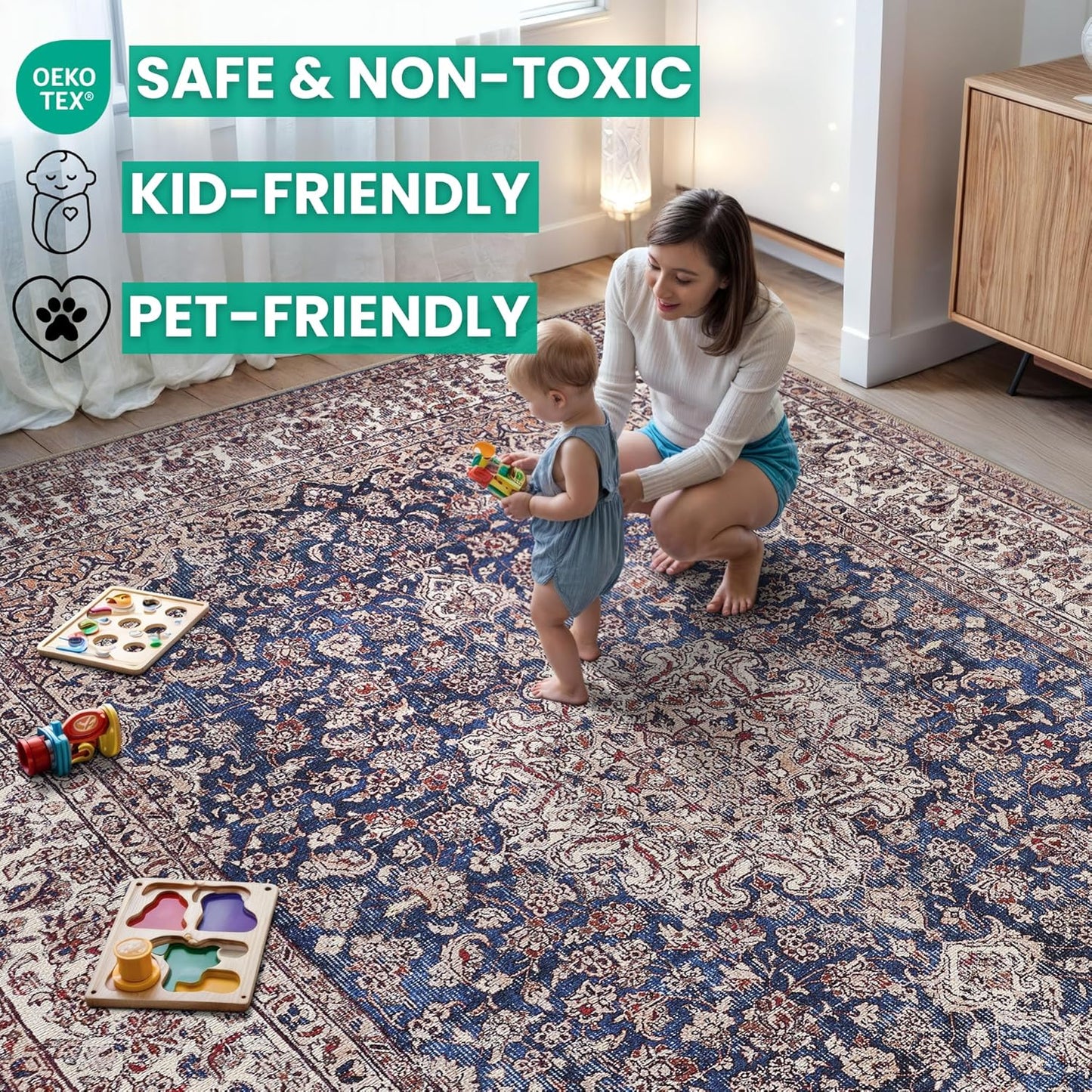 Bloom Rugs Washable Non-Slip 3' x 5' Rug - Dark Blue/Beige Traditional Medallion Area Rug for Living Room, Bedroom, Dining Room, and Kitchen - Exact Size: 3' x 5'