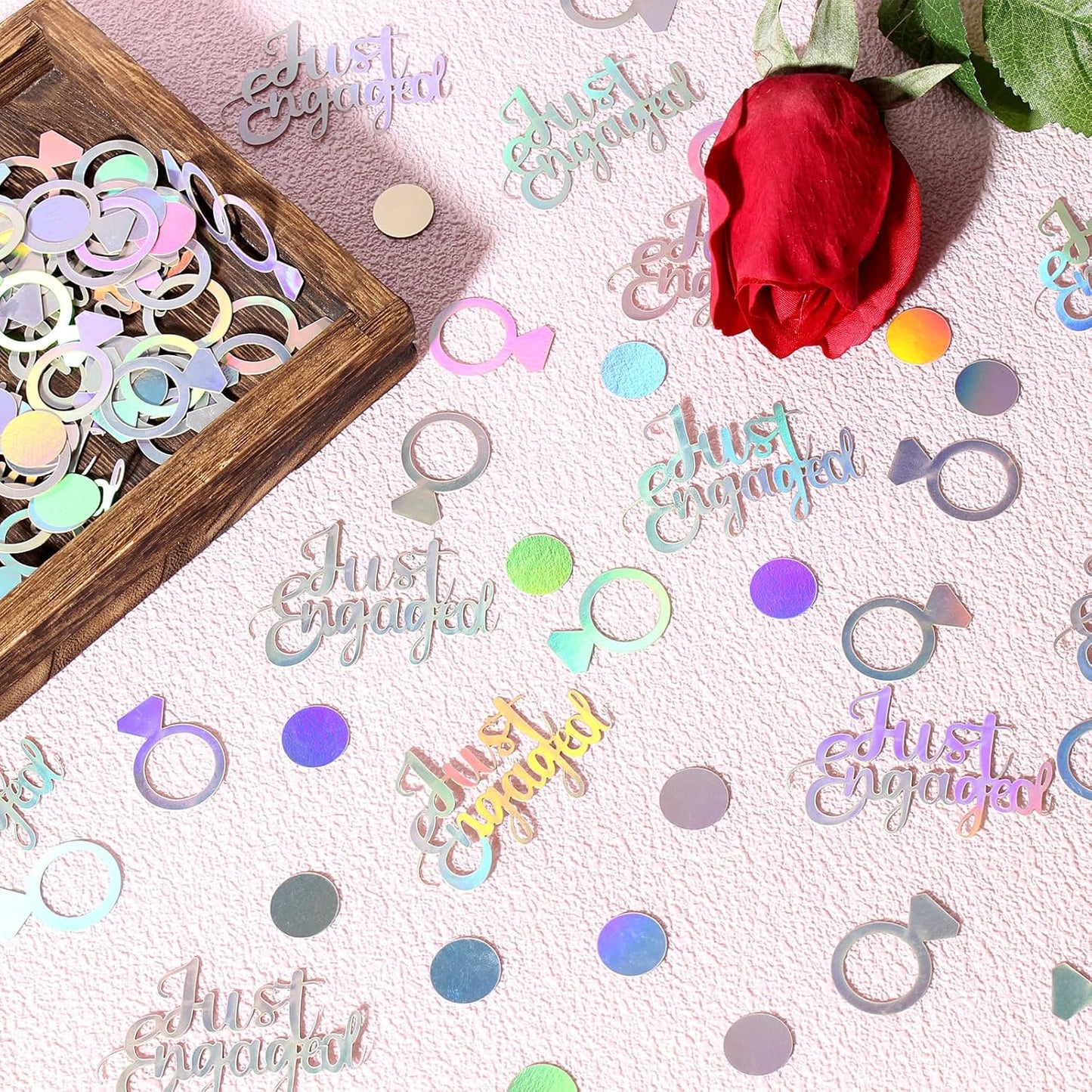 230PC Just Engaged Confetti for Engagement Party Decorations, Wedding Tables, Ring Scatters - Iridescent Themed Bridal Shower, Bachelorette, Hen Party Decor