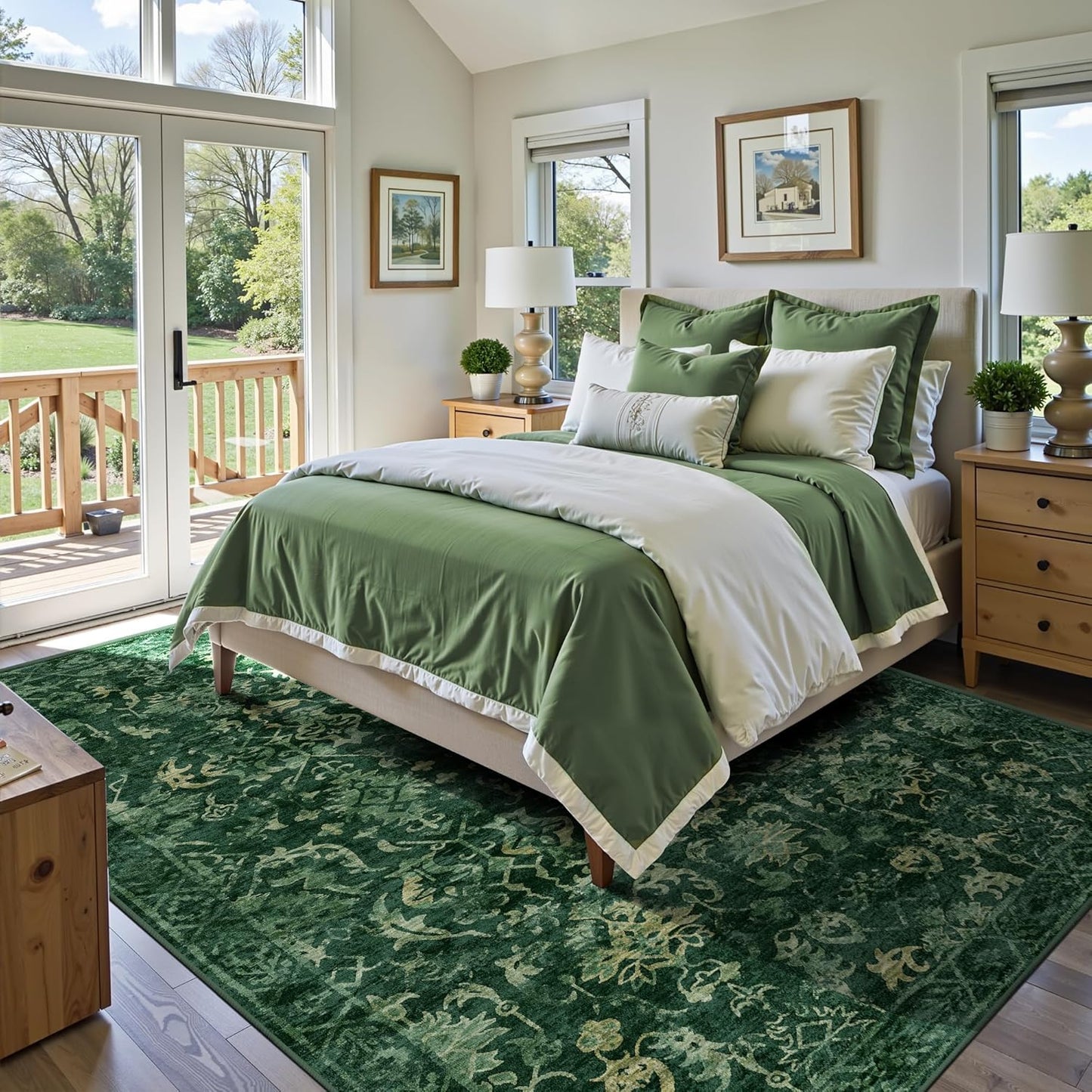 Dark Green Extra Large Area Rug 10x14 for Living Room, Distressed Washable Rug for Dining Room Bedroom, Anti-Slip Low-Pile and Soft Accent Rug Farmhouse Office Home Decor Light Green