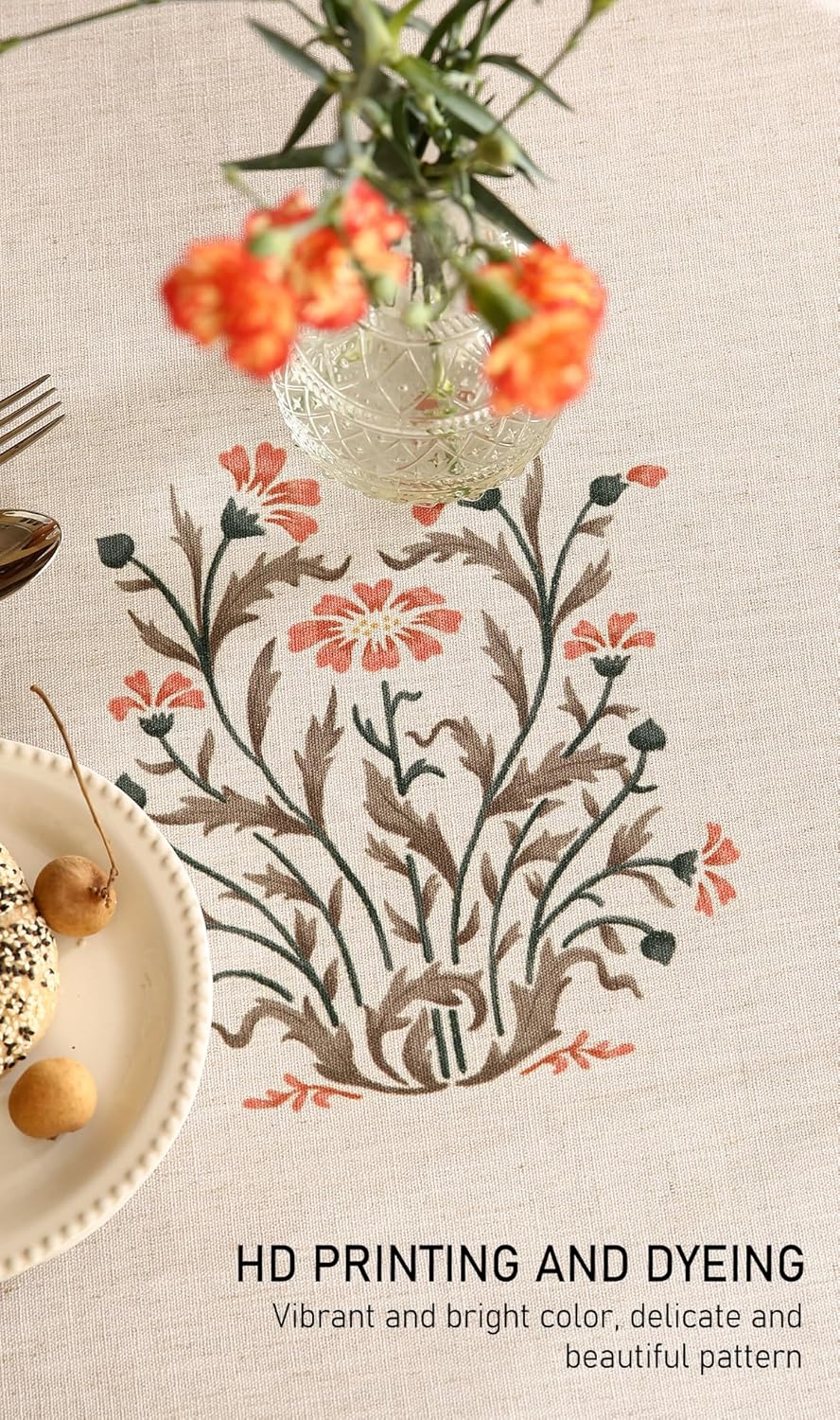 ISAENNE Floral Tablecloth for Round Tables,Linen Table Cloth with Double-Edged Lily Pattern,Heavy Durable Table Cover for Dining Thanksgiving Kitchen Decor Party Christmas,Diameter 55"