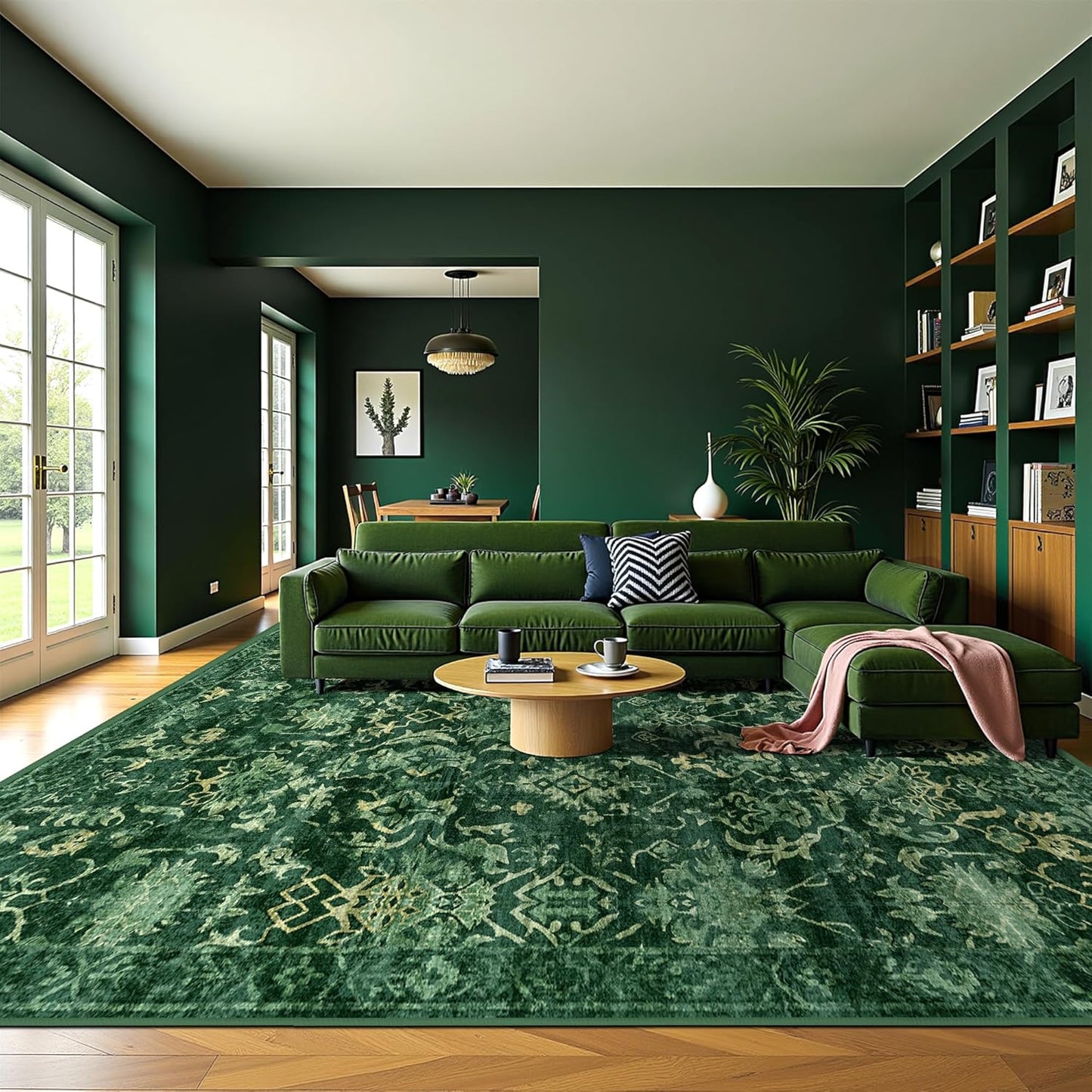 Deerly Dark Green Area Rugs 10x12 for Living Room Soft Non-Slip, Large Bedroom Rug Vintage Dining Room Rug Tribal Farmhouse Carpet for Dining Room Office Green