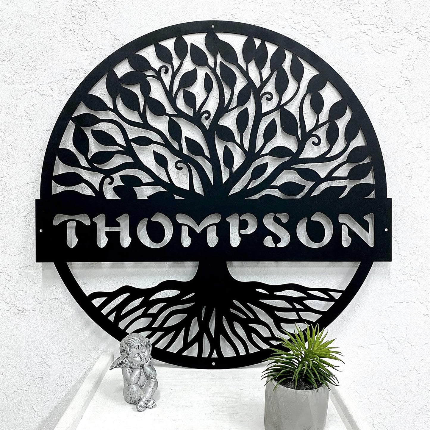 RealSteel Personalized Metal Wall Art - Custom Tree of Life Design with Family Name - Circular Metal Sign - Personalized Wedding, Anniversary, or Housewarming Gift - Black, 18"