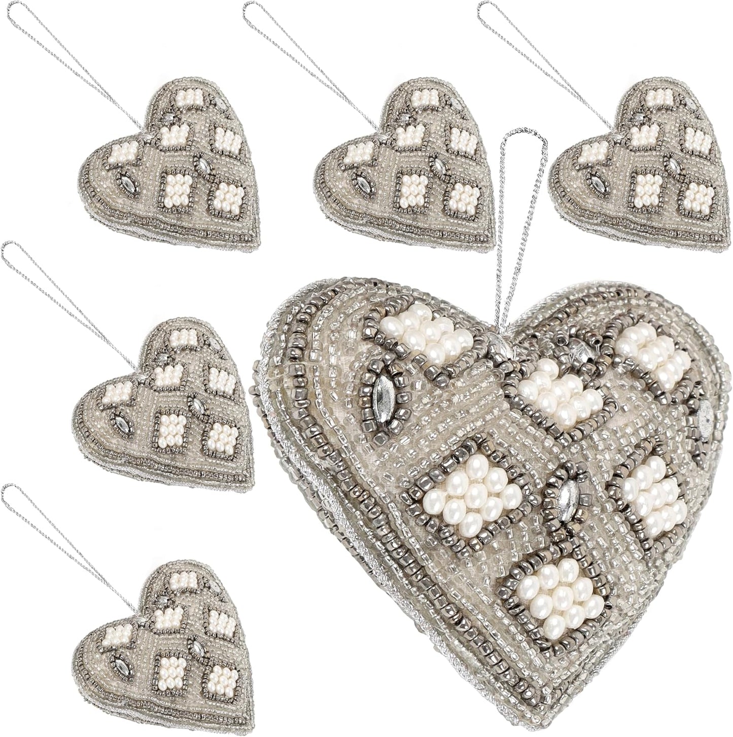 Beaded Heart Hanging Ornaments with Twine - Home Decor Modern Style Beaded Decorative Ornaments for Living Room, Bedroom, Office Desktop, Cabinets - Set of 6 (Grey) - CLEENTABLE