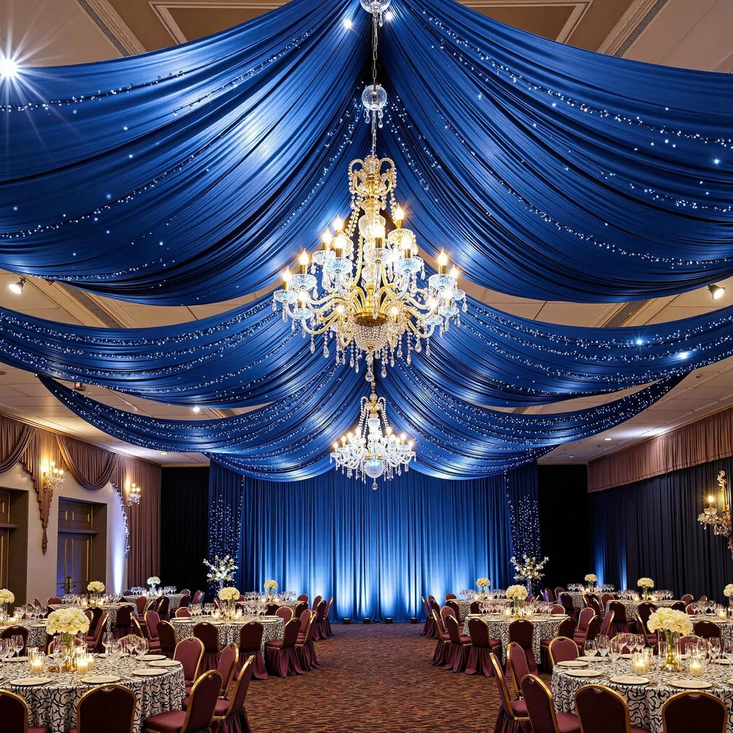 PartyVillage 10 Panels 5ftx30ft Royal Blue Ceiling Drapes for Wedding Parties – 30 FT Extra Long Thick Polyester Wrinkle-Free Drapery Tent Decor Decorations for Birthday Party Ceremony Stage Swag