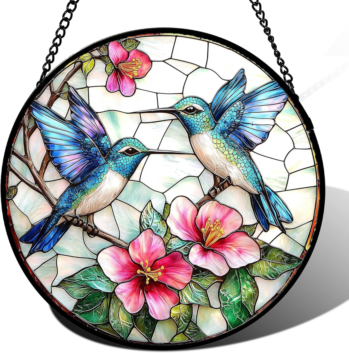 Stained Glass Window Hanging - Blue White Hummingbirds Pink Flowers Suncatcher for Door Terrace Garden Home Decor Bird Sun Catcher Birthday Gifts for Lovers Women Men Dad Mom Nana 11.8 in