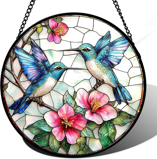 Stained Glass Window Hanging - Blue White Hummingbirds Pink Flowers Suncatcher for Door Terrace Garden Home Decor Bird Sun Catcher Birthday Gifts for Lovers Women Men Dad Mom Nana 11.8 in