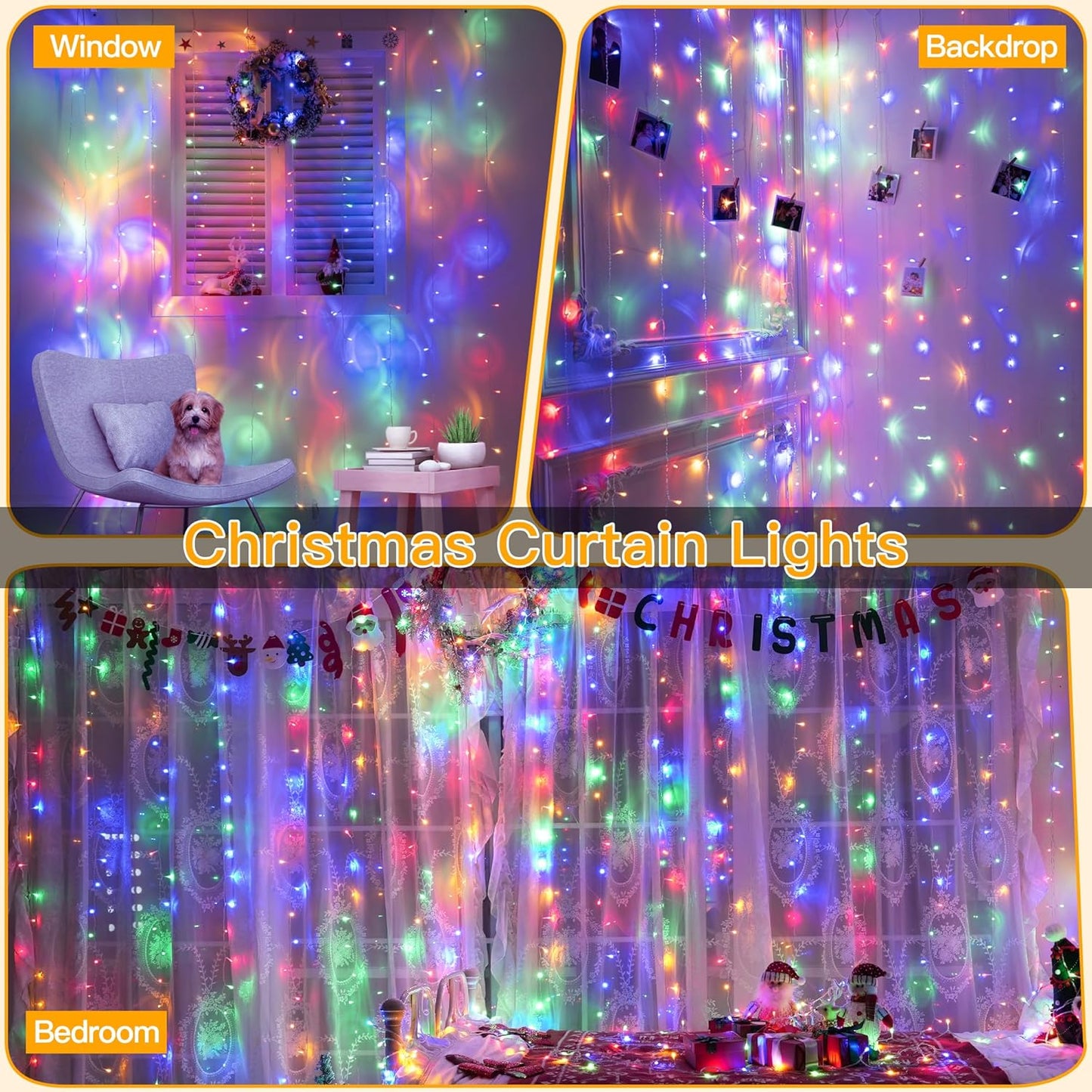 Ollny Curtain Lights 200LED 6.6x6.6ft, USB Multicolor Christmas Curtain Lights with Remote 8 Modes Timer, Waterproof String Lights for Bedroom Backdrop Window Indoor Outdoor