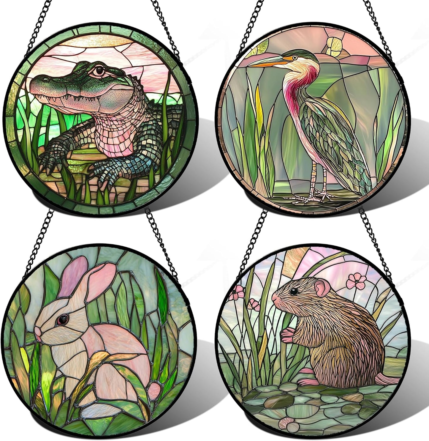 Stained Glass Window Hanging 4 Pcs Set Cute Animal 6.3"- Green Plant Pink Suncatcher Door Garden Sun Catcher Decor Birthday Christmas for Mom Woman Nana Men Friend