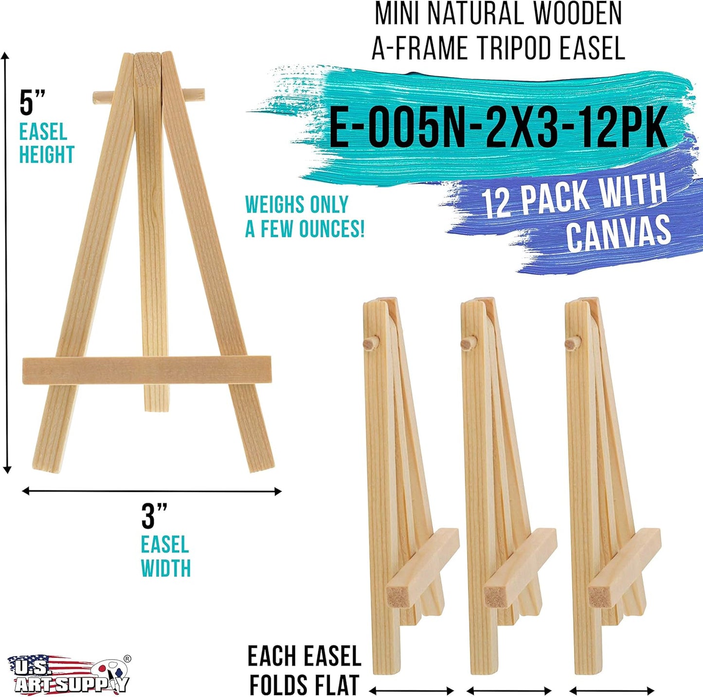 U.S. Art Supply 2" x 3" Stretched Canvas with 5" Mini Easel Kit (12 Pack) - Natural Wooden A-Frame Tabletop Display Stand, Mini Easel Stand - Small Easels for Display, Small Canvases, Crafts, Photos