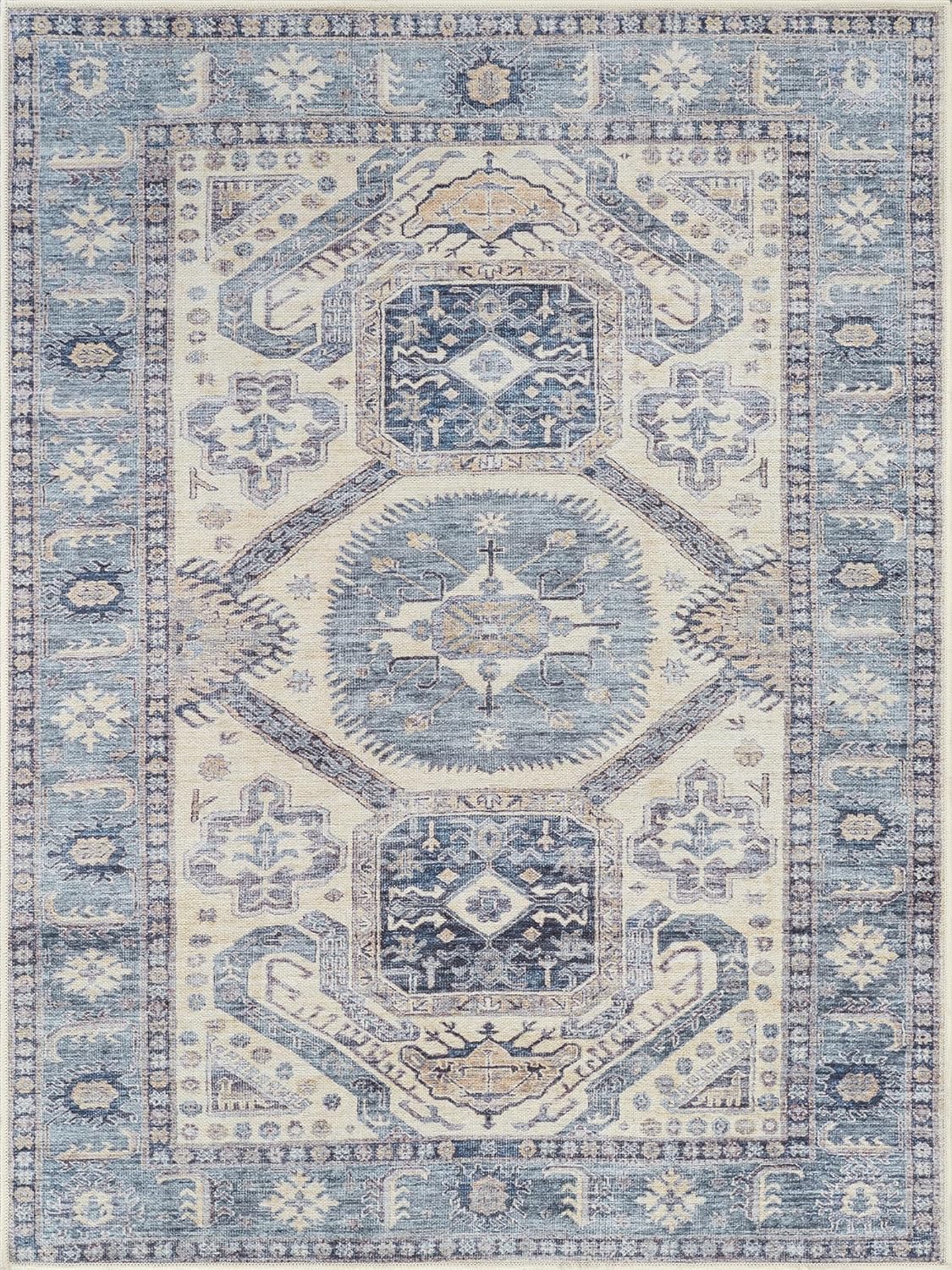 Bloom Rugs Washable Non-Slip 5' x 7' Rug - Blue/Beige Traditional Oriental Area Rug for Living Room, Bedroom, Dining Room, and Kitchen - Exact Size: 5' x 7'