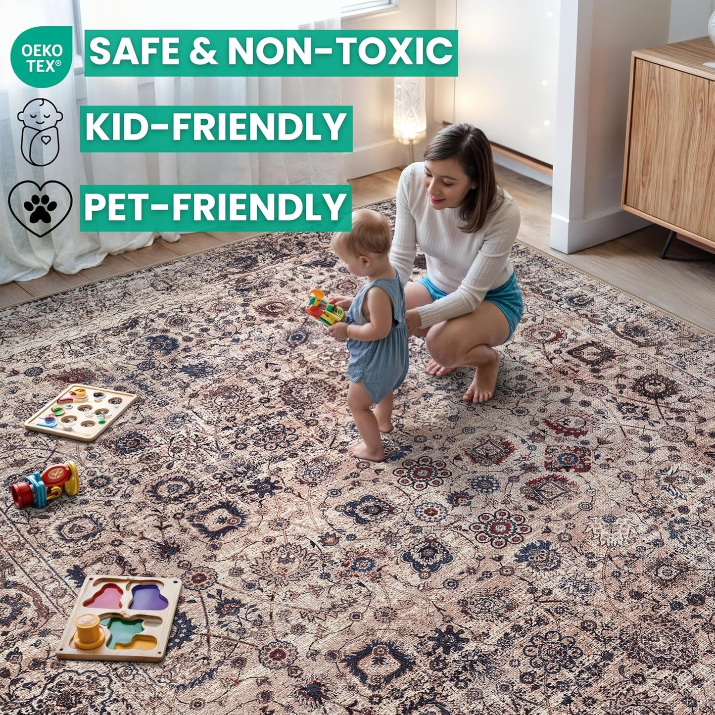 Bloom Rugs Washable Non-Slip 12 ft Runner - Light Tan/Blue Traditional Oriental Runner for Entryway, Hallway, Bathroom, and Kitchen - Exact Size: 2.5' x 12'