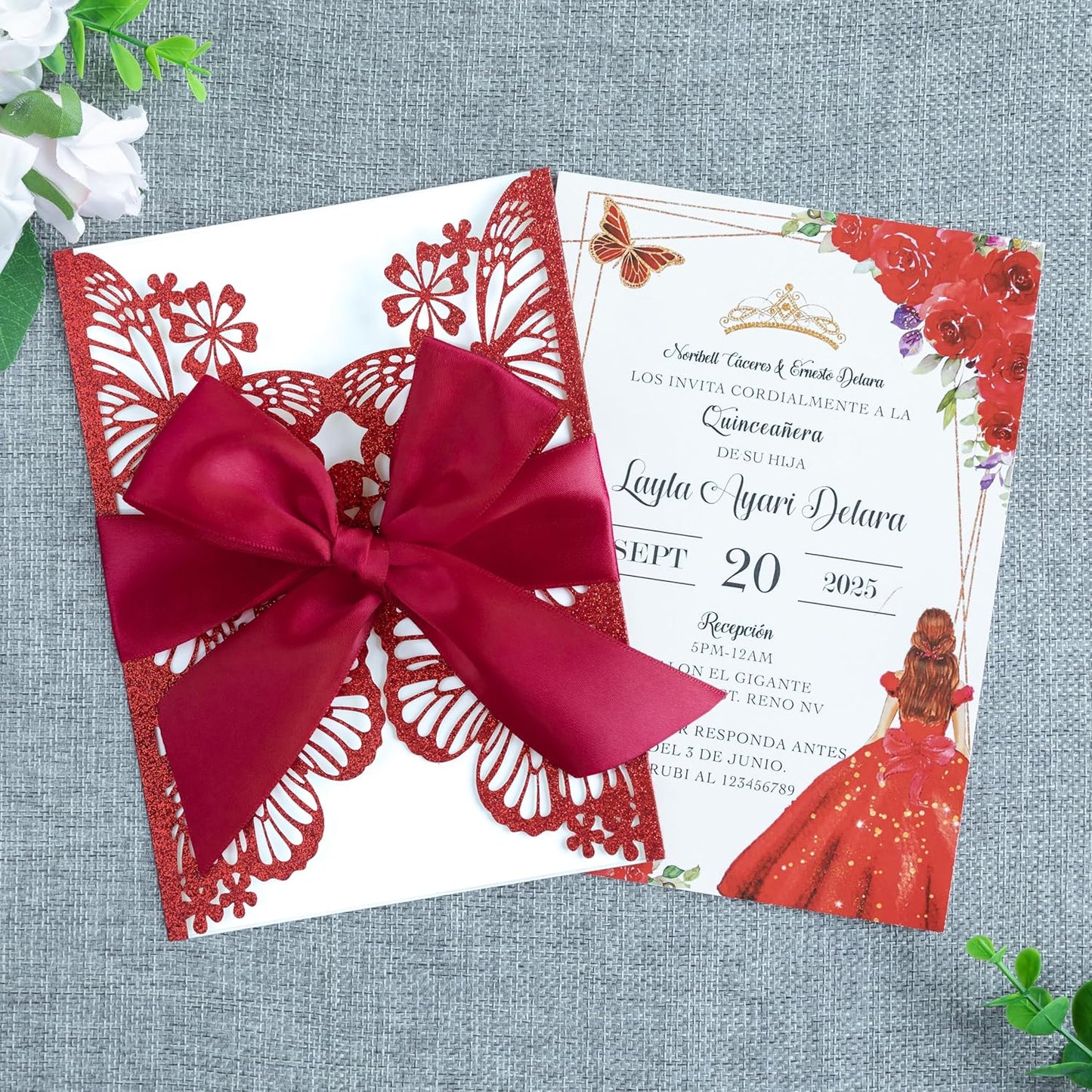 20 PCS 5.12x7.2 Butterfly Quinceanera Invitation, Laser Cut Wedding Invitation Cards with Envelopes for XV Anos Bridal Shower Baby Shower Invite (Red Glitter)